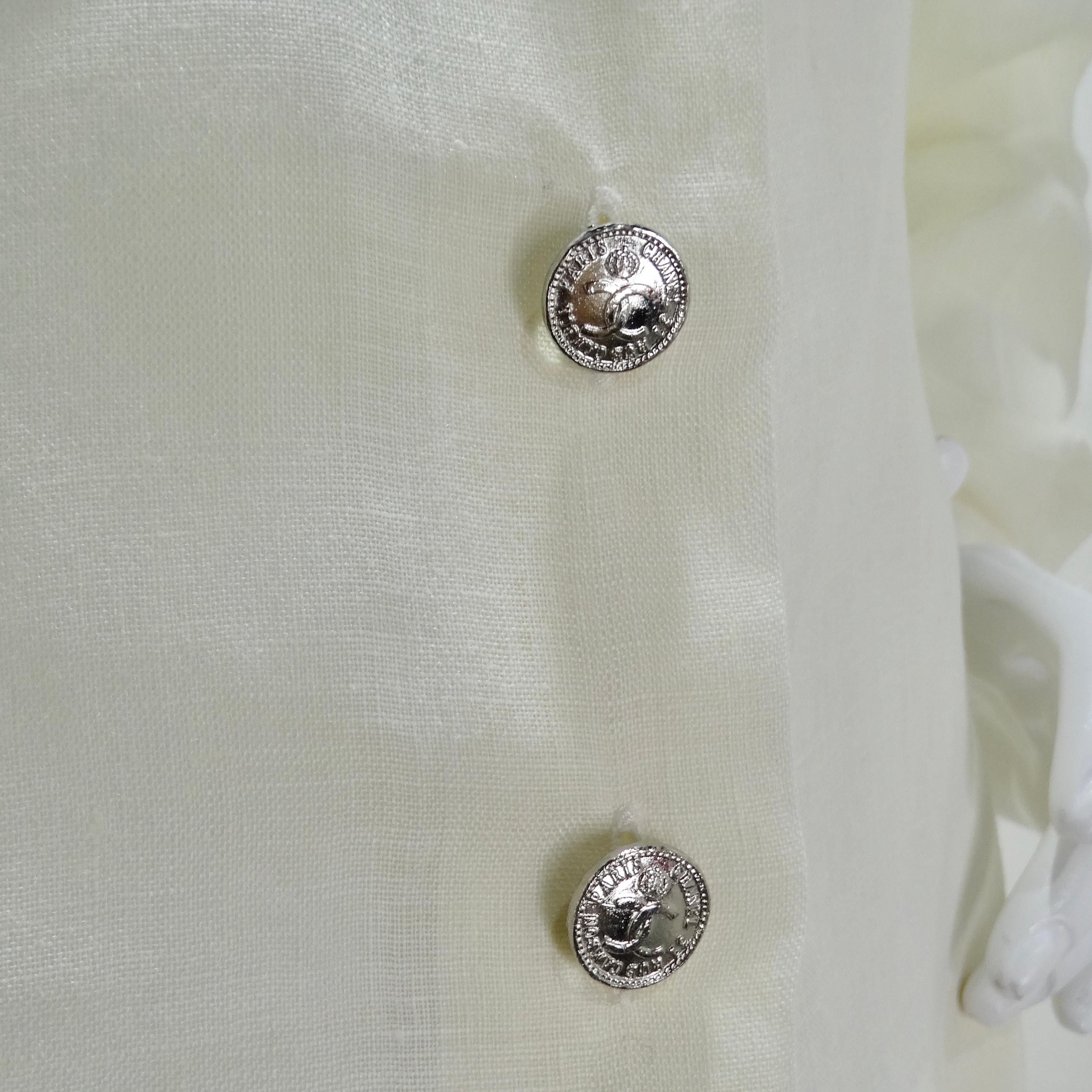 Chanel 90s White Linen Button Down Shirt In Excellent Condition For Sale In Scottsdale, AZ
