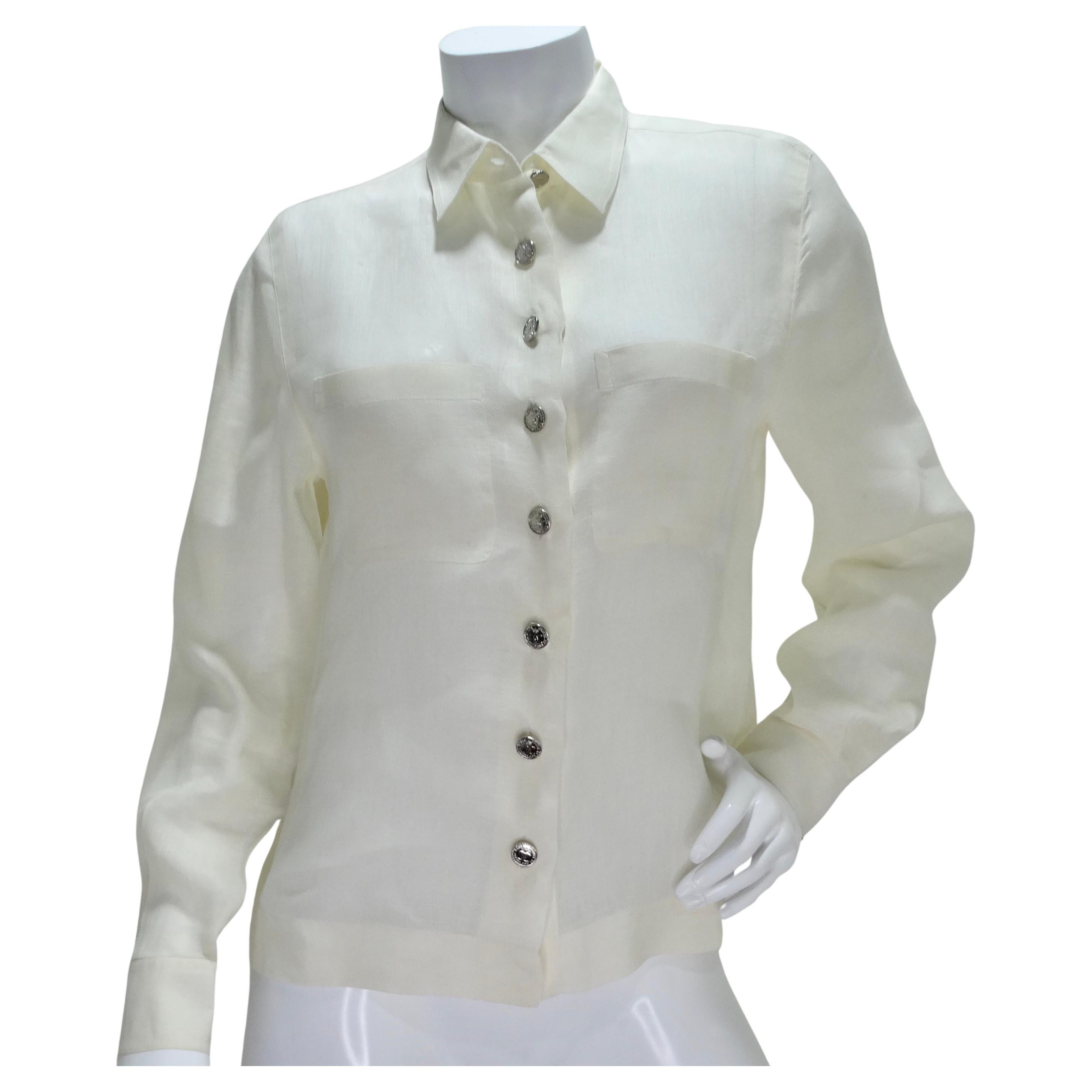 Chanel 90s White Linen Button Down Shirt For Sale