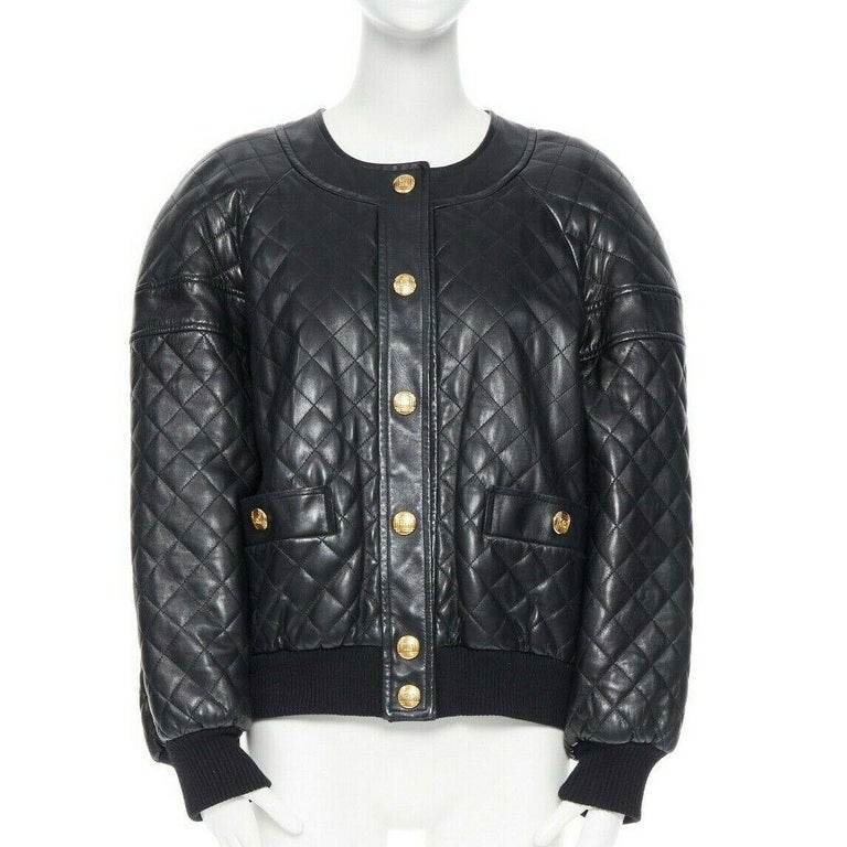 CHANEL 91A black leather diamond quilt drop shoulders hip hop bomber