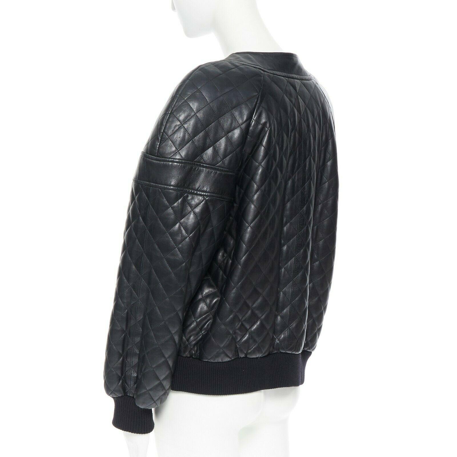Black CHANEL 91A black leather diamond quilt drop shoulders hip hop bomber jacket FR40