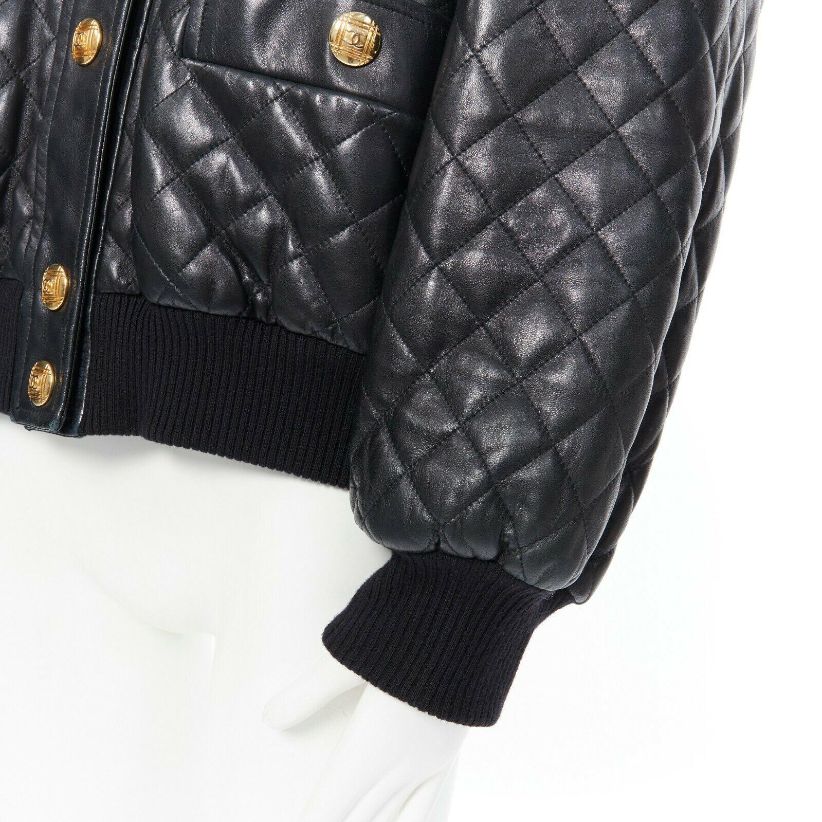 Women's CHANEL 91A black leather diamond quilt drop shoulders hip hop bomber jacket FR40