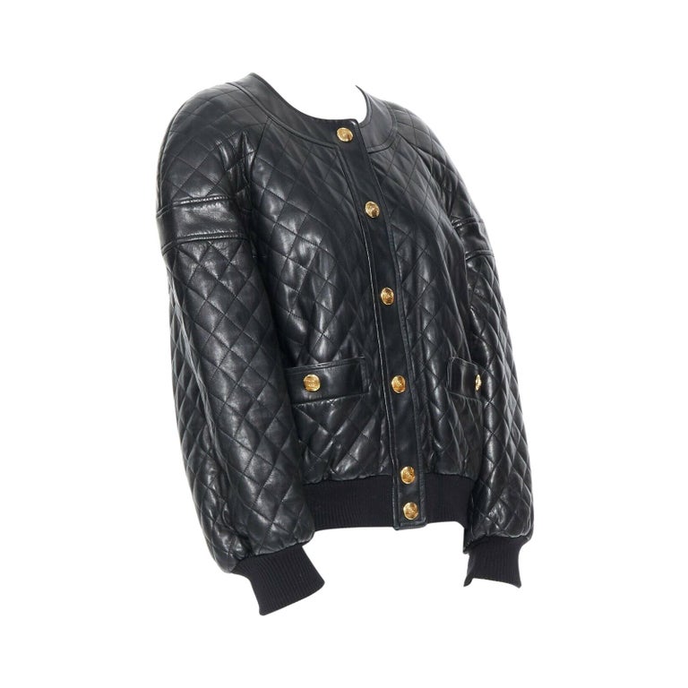 CHANEL 91A black leather diamond quilt drop shoulders hip hop bomber jacket  FR40