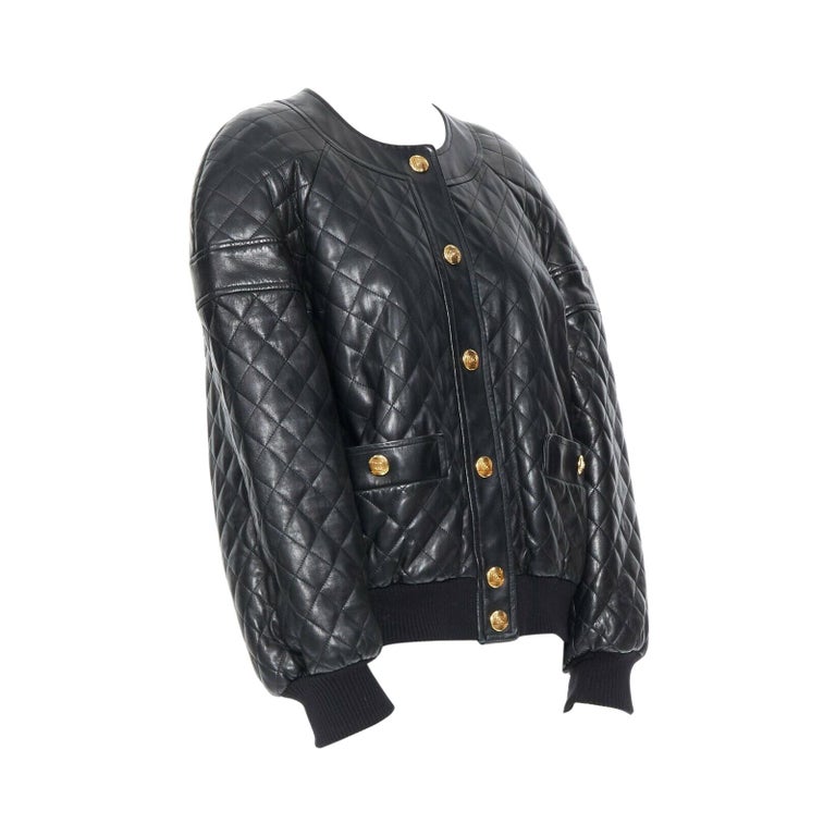 CHANEL VINTAGE CC LOGO BLACK LEATHER BOMBER JACKET