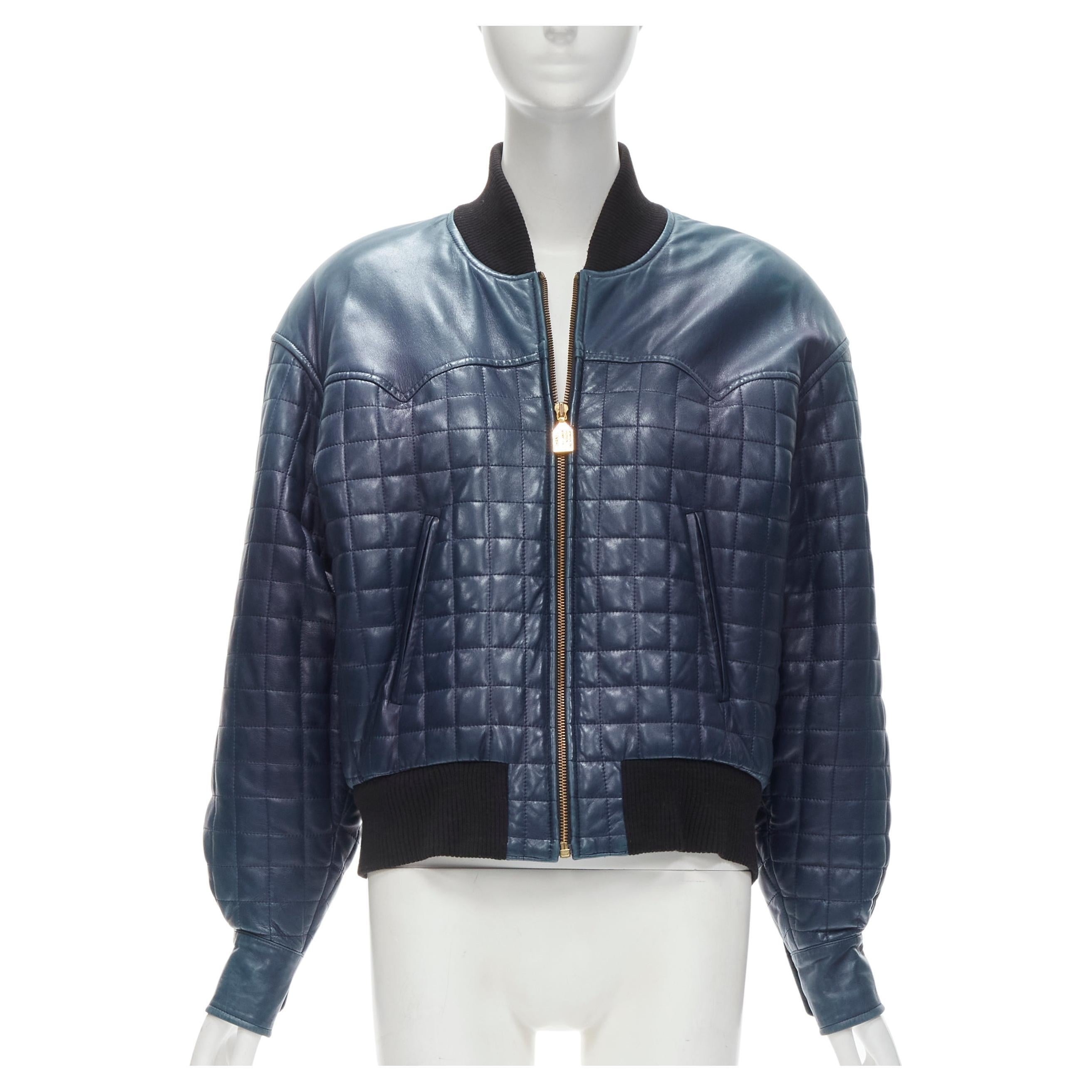 CHANEL 91A  gold 31 Rue Cambon zip charm navy quilted leather jacket FR44 XL