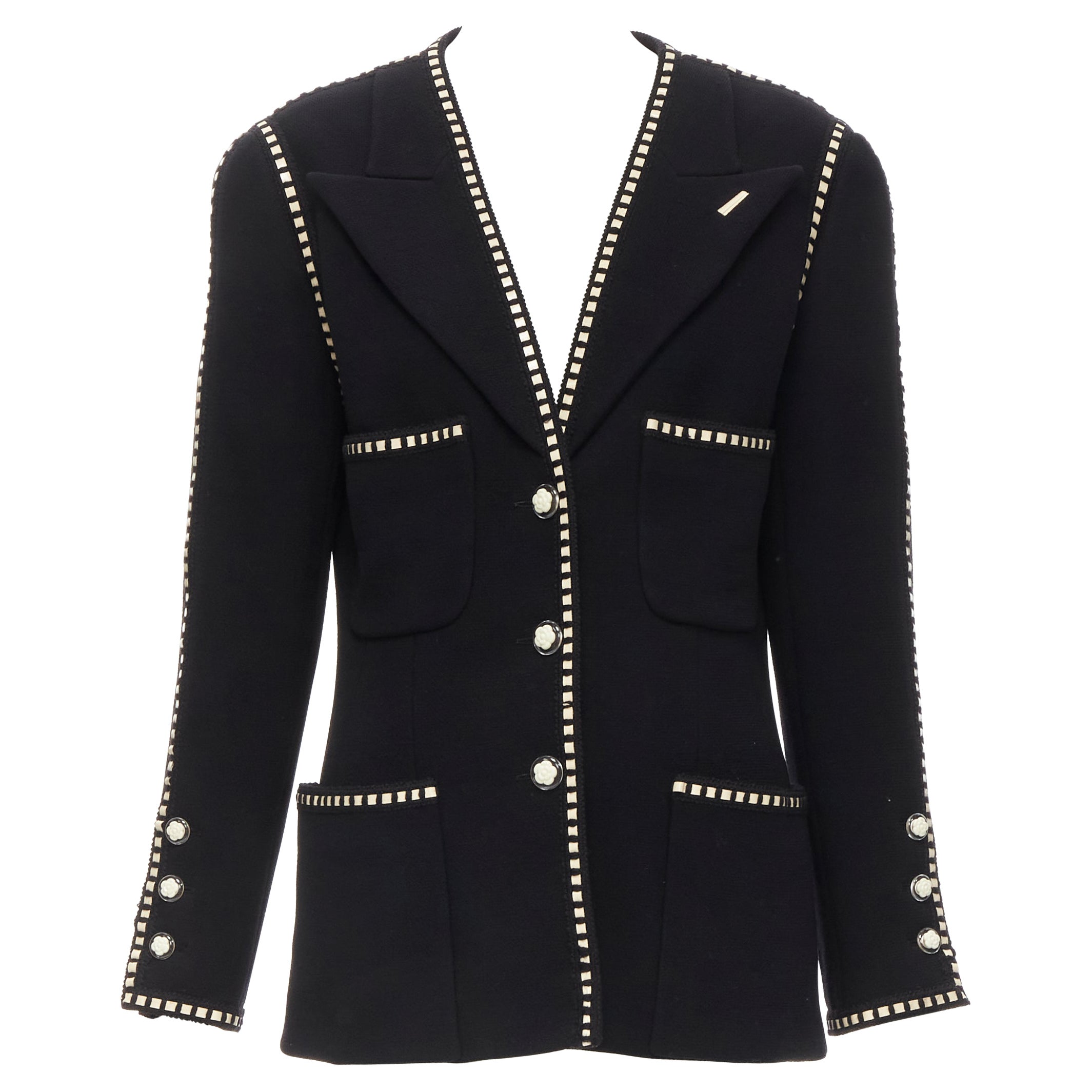 CHANEL 92P black leather trim Trompe L
oeil lapel lacquered Camellia button