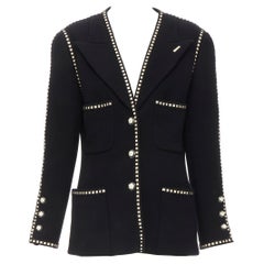 CHANEL 92P black leather trim Trompe L'oeil lapel lacquered Camellia button
