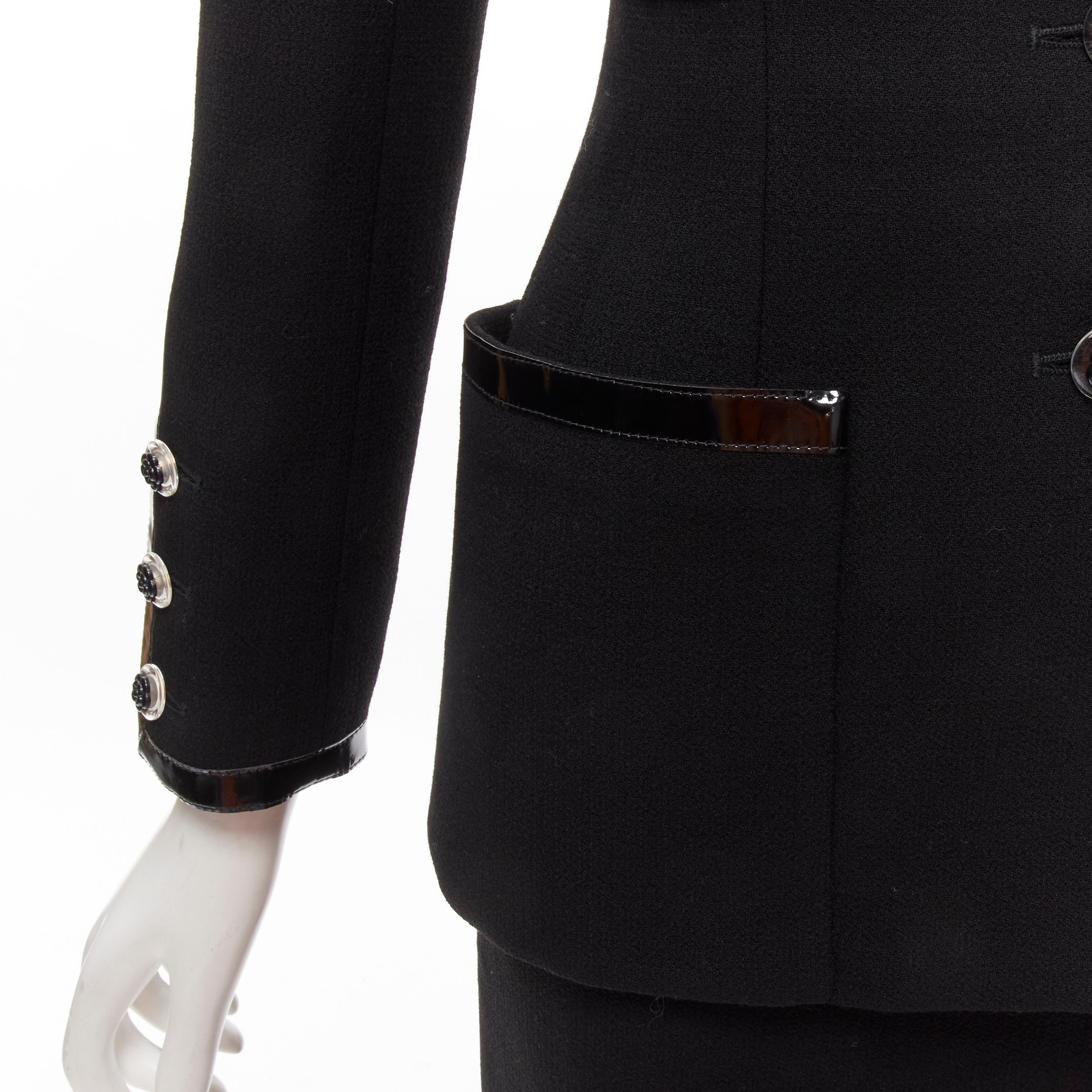 CHANEL 92P Vintage black patent trim Camellia 4-pocket jacket skirt FR34 XS 8