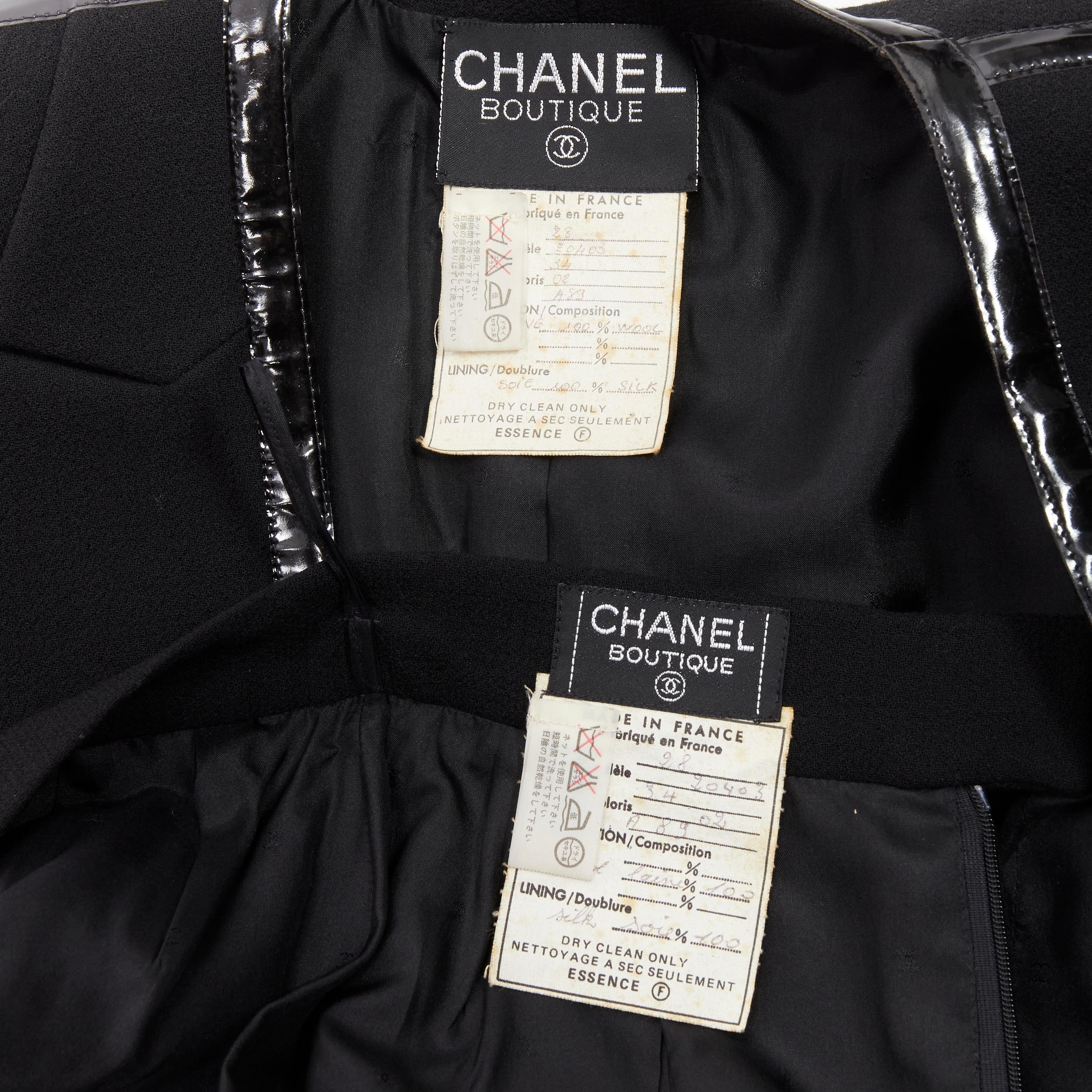 CHANEL 92P Vintage black patent trim Camellia 4-pocket jacket skirt FR34 XS 12