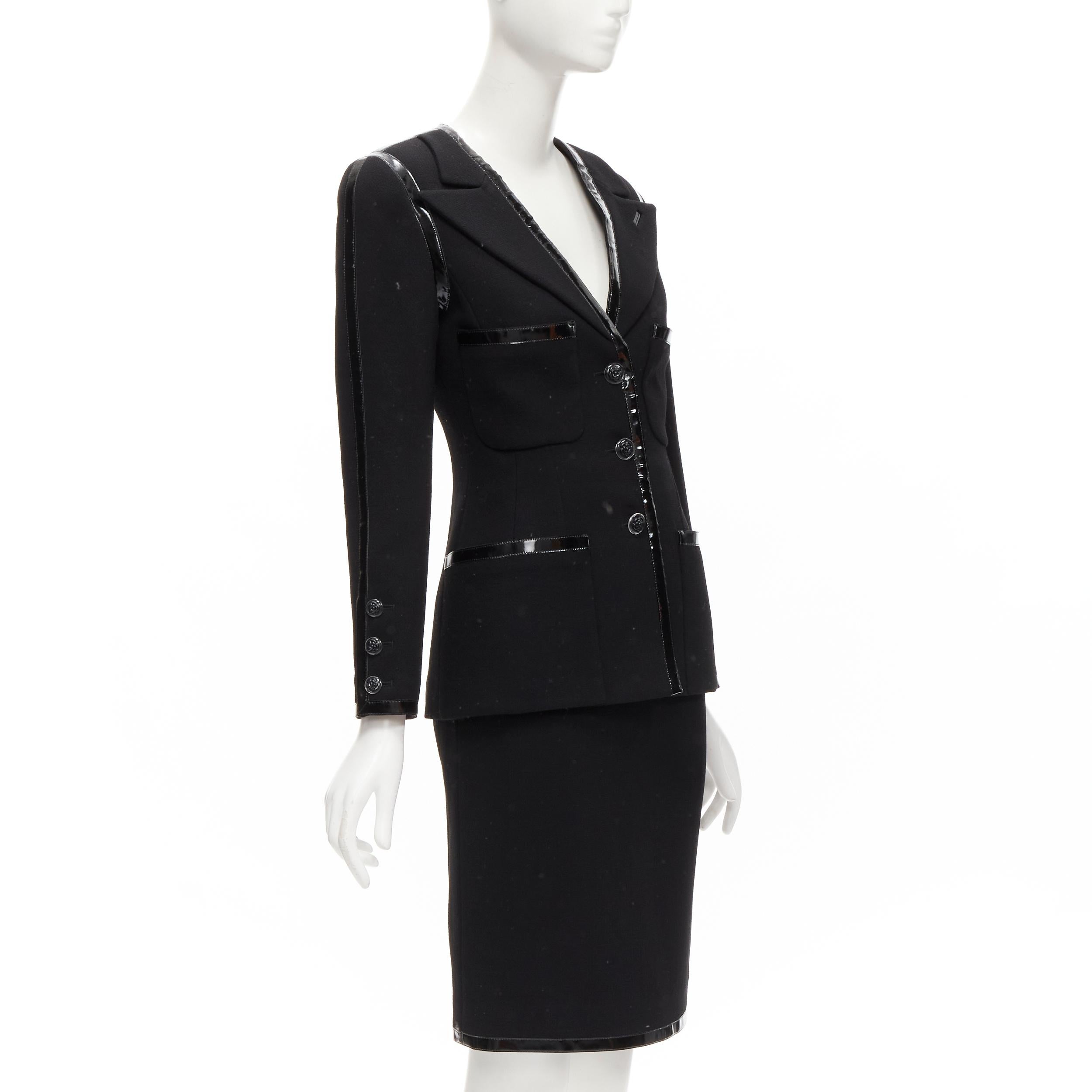 Women's CHANEL 92P Vintage black patent trim Camellia 4-pocket jacket skirt FR34 XS