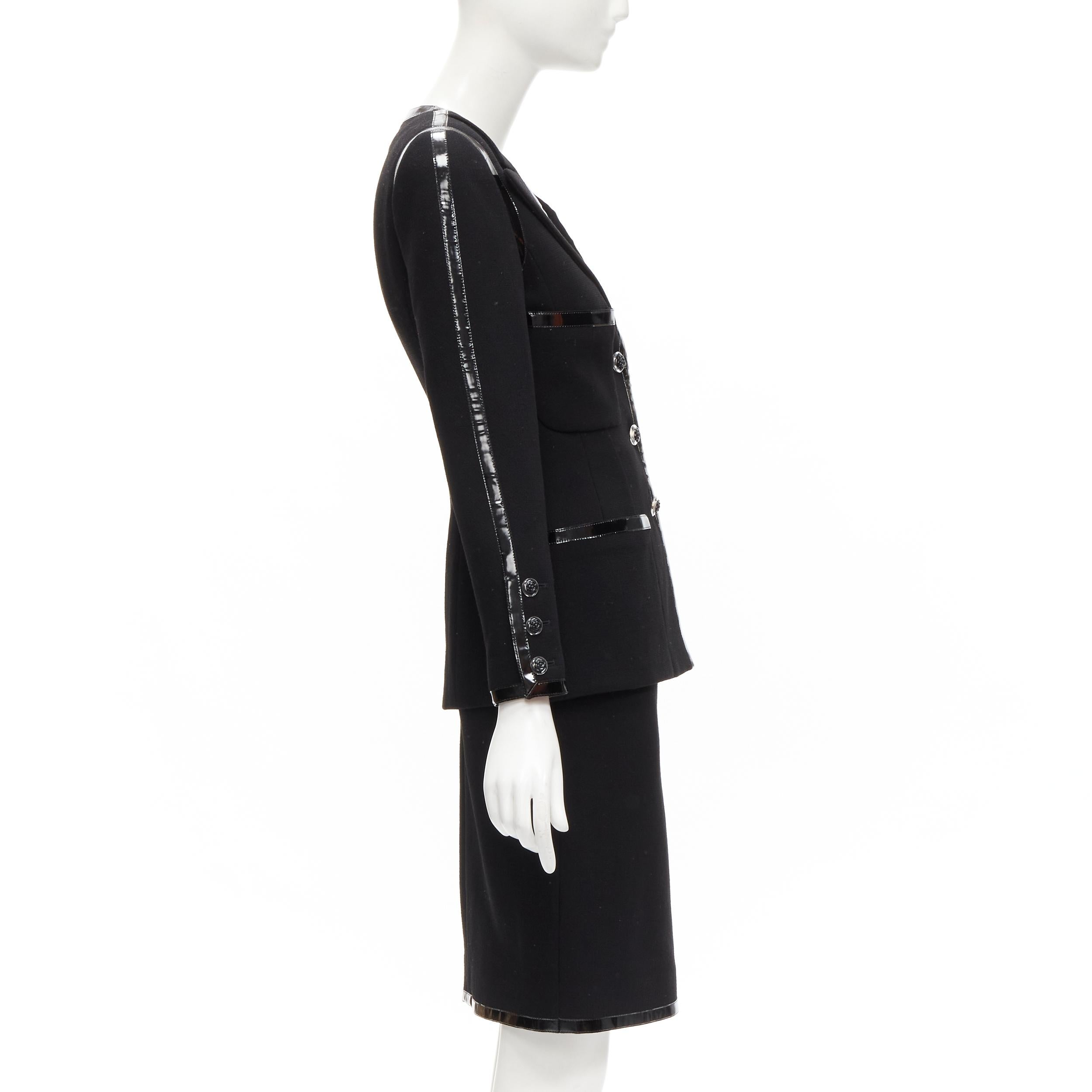 CHANEL 92P Vintage black patent trim Camellia 4-pocket jacket skirt FR34 XS 1