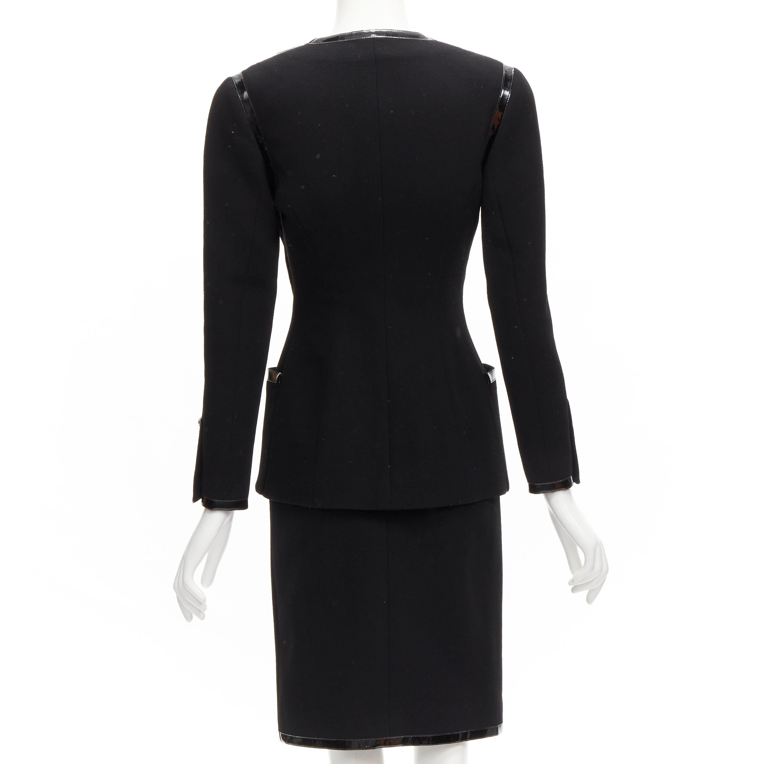 CHANEL 92P Vintage black patent trim Camellia 4-pocket jacket skirt FR34 XS 2