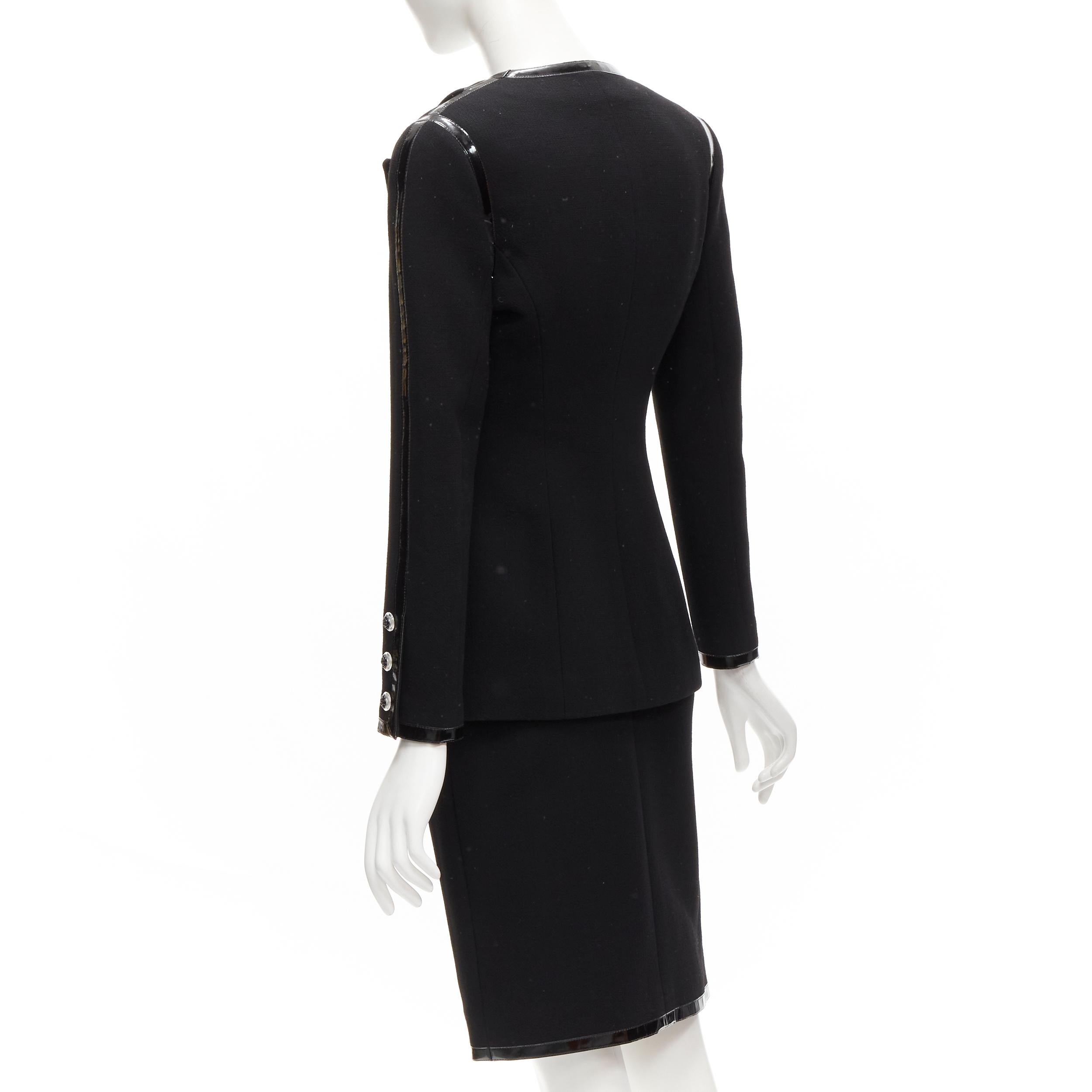 CHANEL 92P Vintage black patent trim Camellia 4-pocket jacket skirt FR34 XS 3