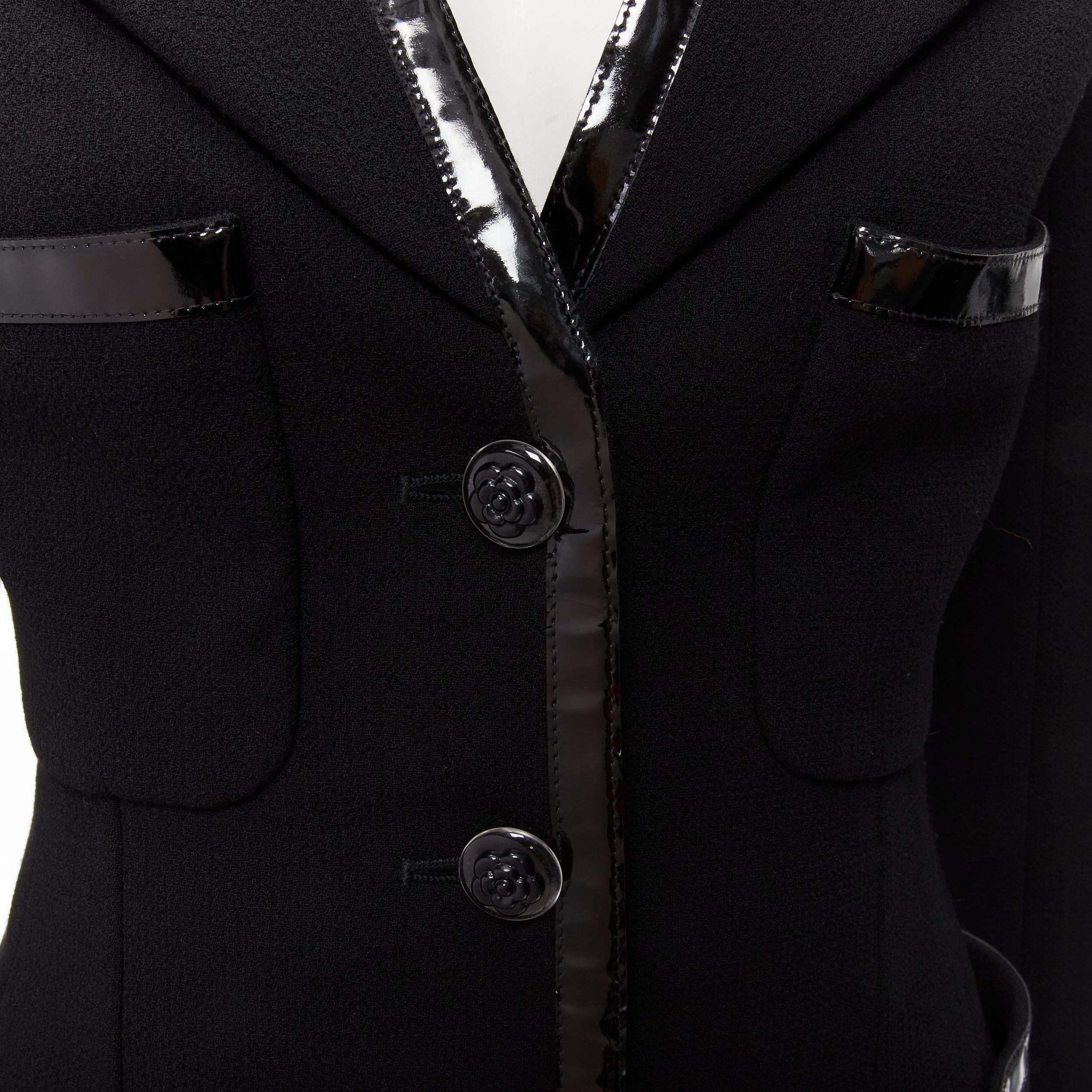 CHANEL 92P Vintage black patent trim Camellia 4-pocket jacket skirt FR34 XS 5