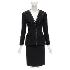 CHANEL 92P Vintage black patent trim Camellia 4-pocket jacket skirt FR34 XS