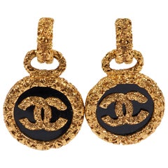 Vintage Chanel '93 Collection Black Florentine Drop Earrings with Box