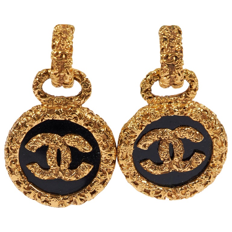 Chanel '93 Collection Black Florentine Drop Earrings with Box at 1stDibs