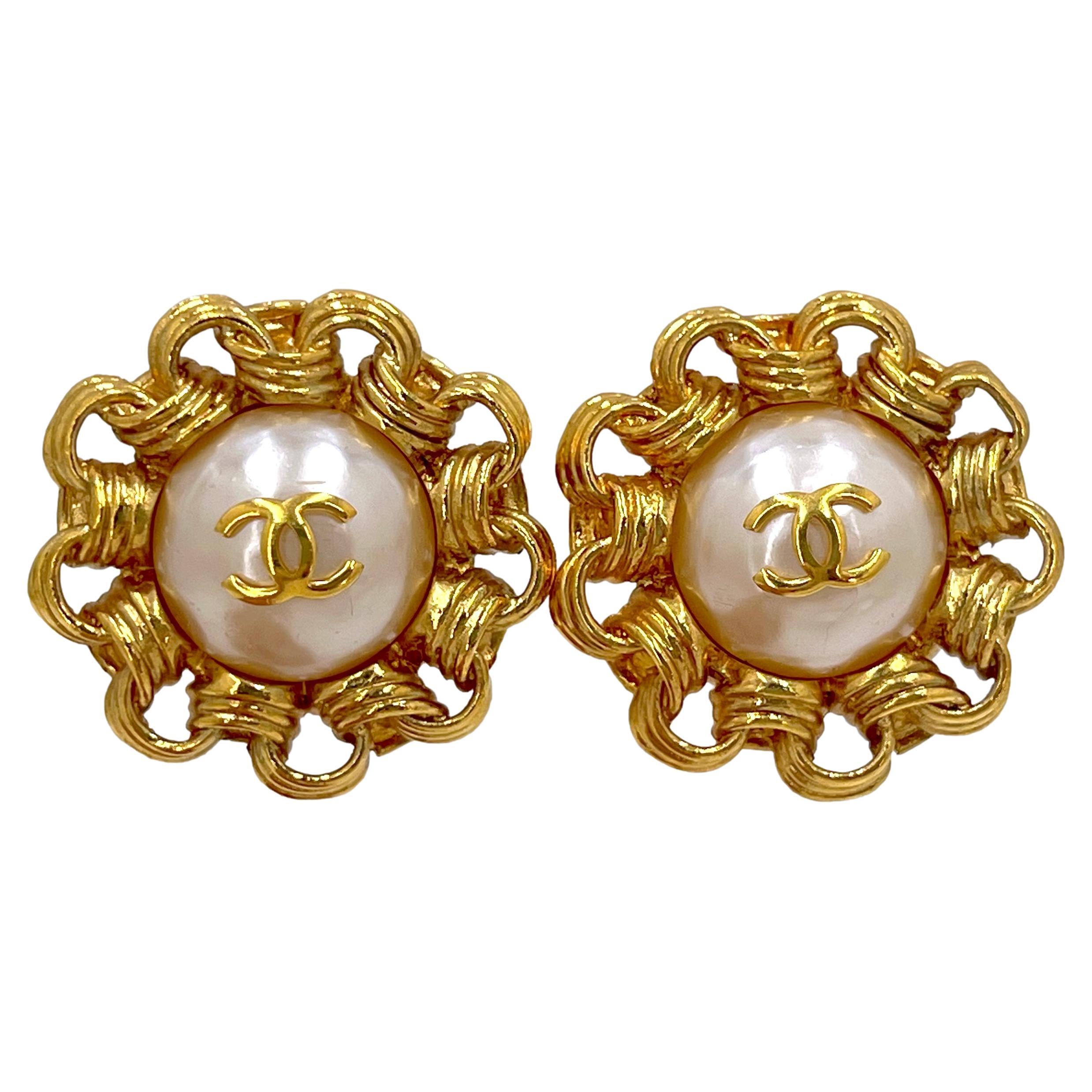 Chanel 93A Vintage Pearl and Bijoux Chain Border Giant Large Stud Earrings 65600 For Sale