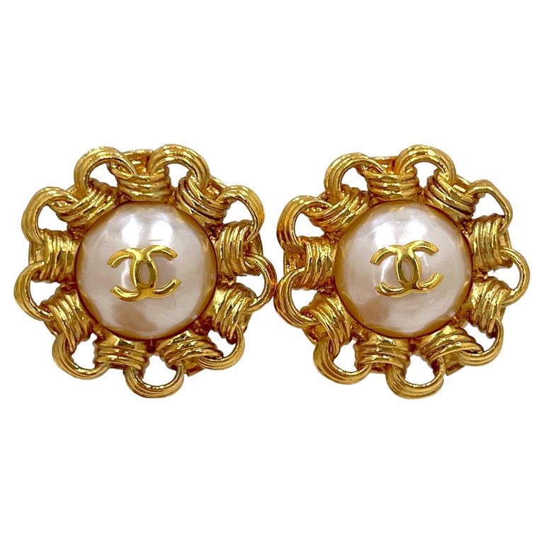 Chanel 93A Vintage Pearl and Bijoux Chain Border Giant Large Stud Earrings  65600
