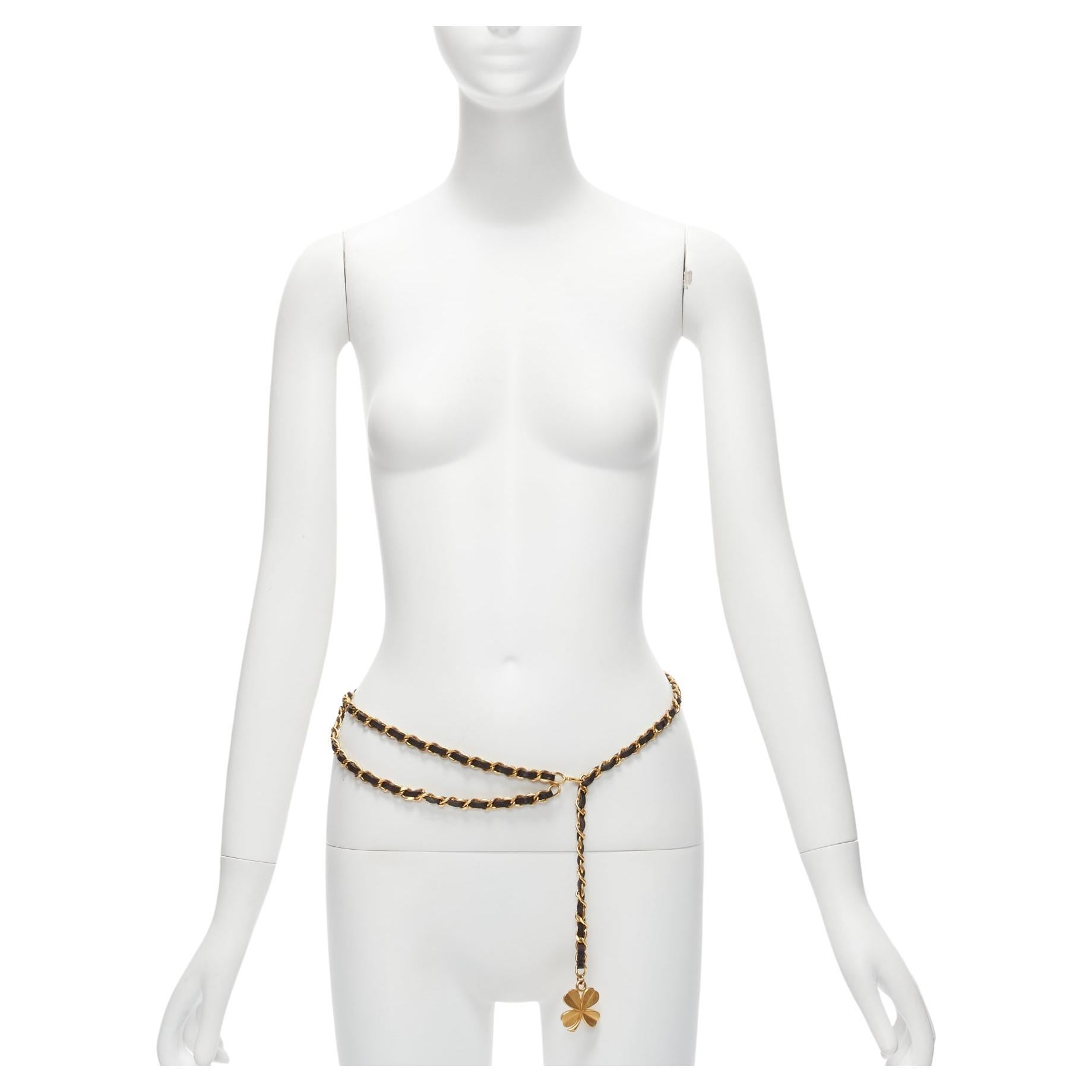 CHANEL 93A Vintage Runway gold Lucky 4 leaf clover leather double chain belt For Sale
