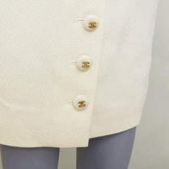 CHANEL 93P ivory wool gold CC logo button slit silk pencil skirt FR42 XL