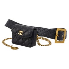 Chanel 94A Black Quilted Lambskin Waist Pouch Chain Belt Bag 70ca78s
