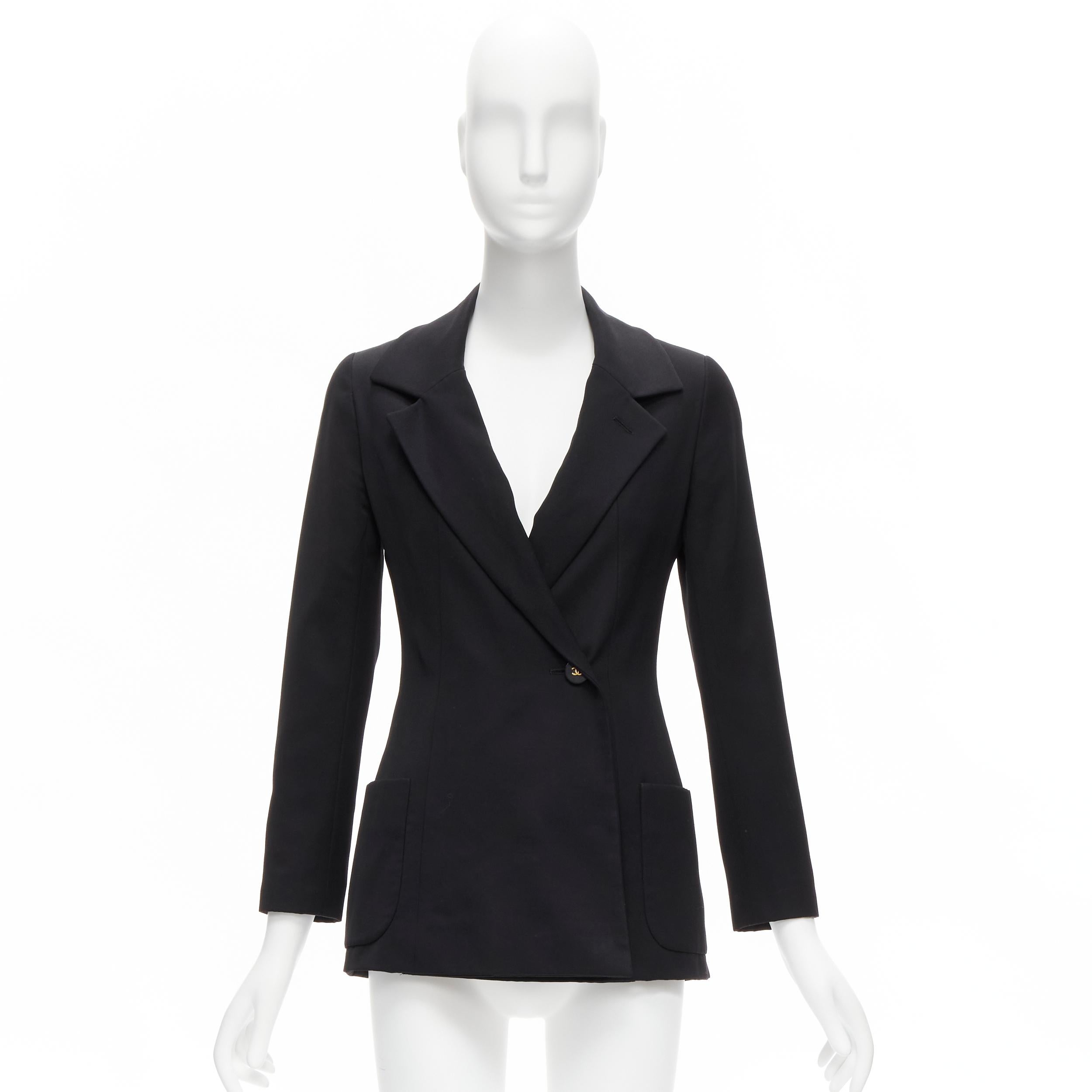 CHANEL 94A Blazer vintage in lana nera oro con bottoni CC e fodera monogramma FR34 XS in vendita 5