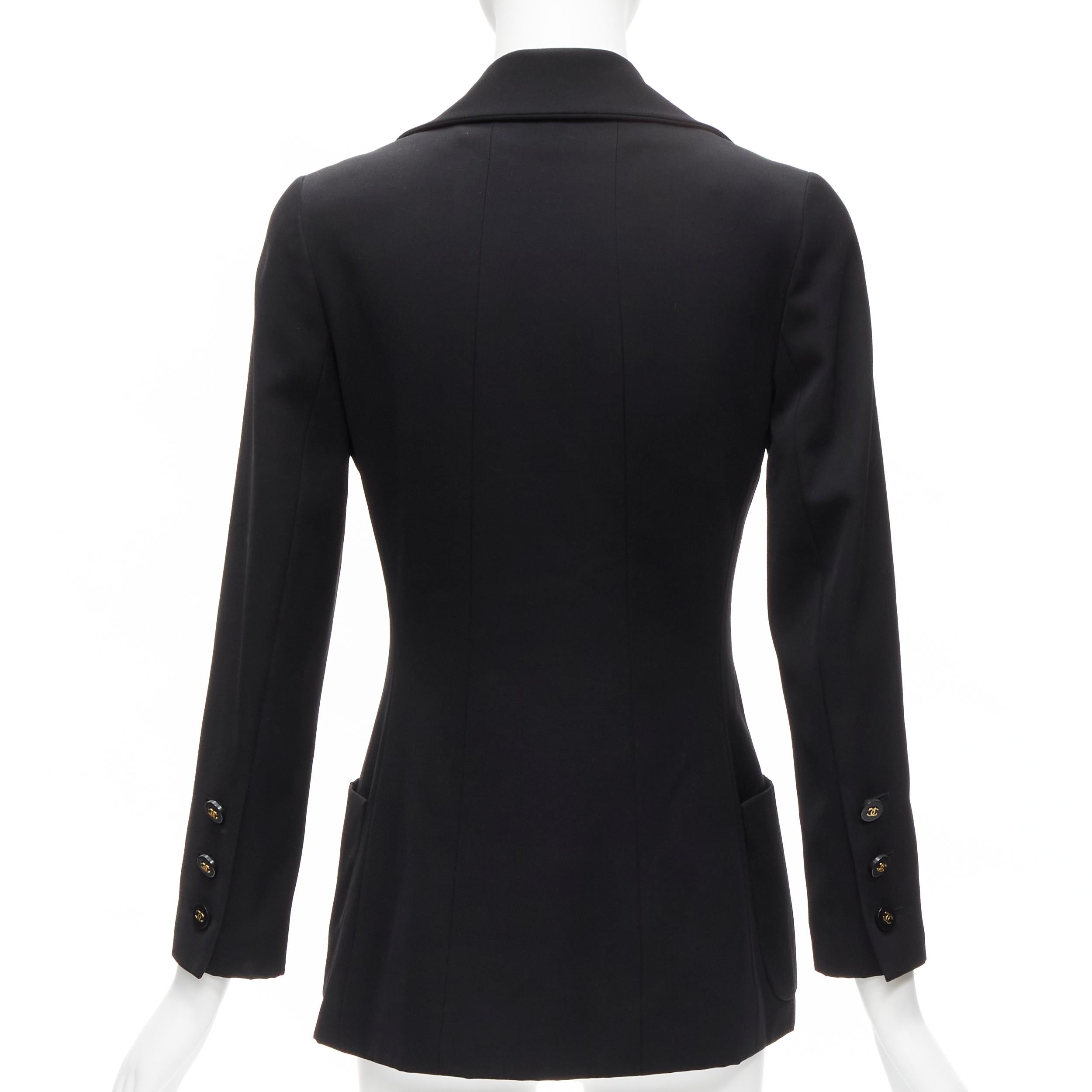 Donna CHANEL 94A Blazer vintage in lana nera oro con bottoni CC e fodera monogramma FR34 XS in vendita