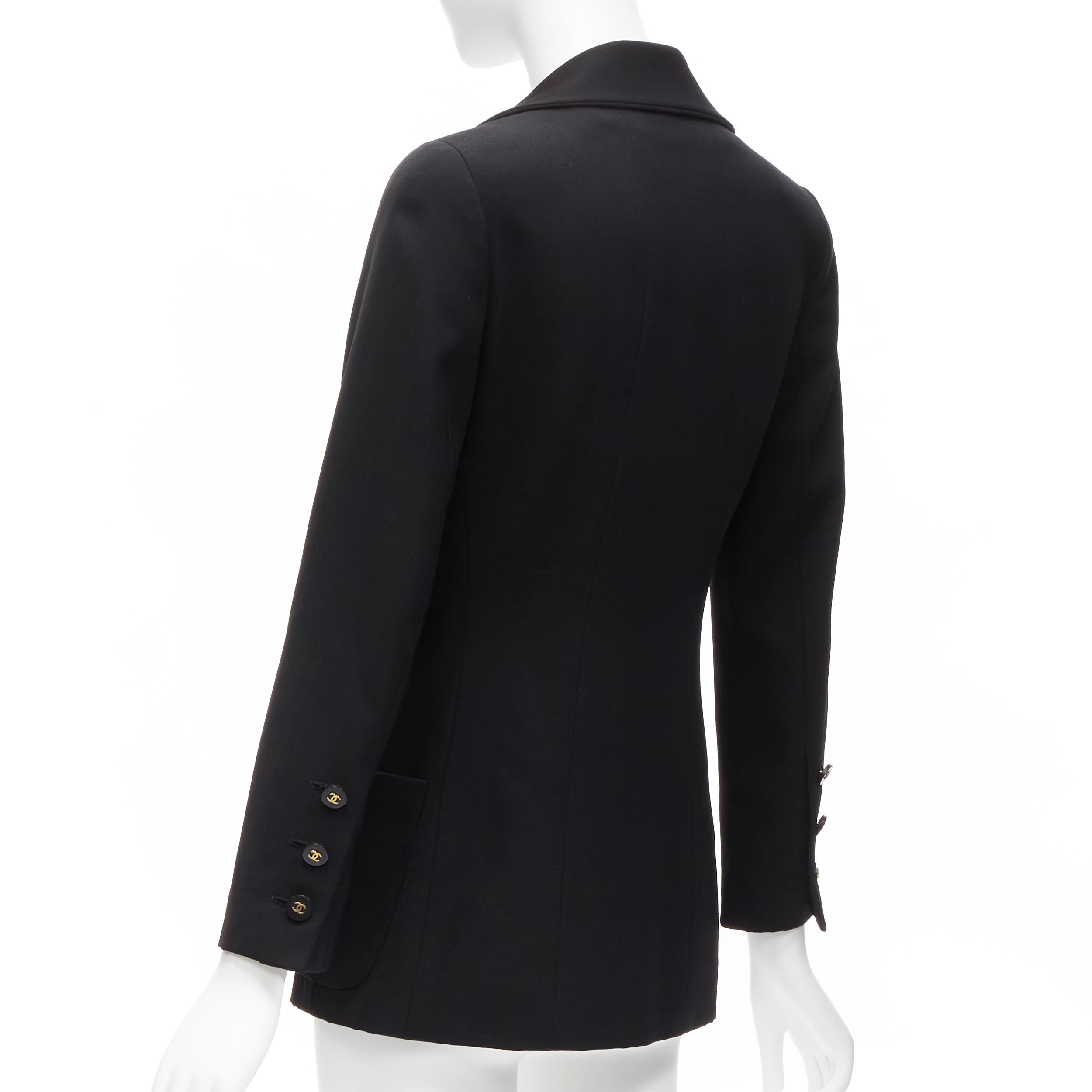 CHANEL 94A Vintage black wool gold CC button monogram lining blazer FR34 XS 1