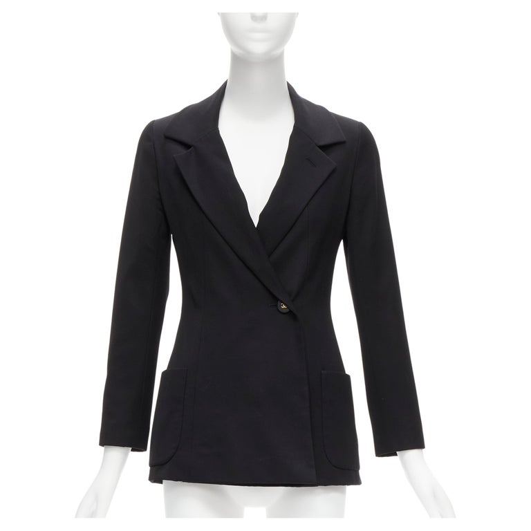 CHANEL 94A Vintage black wool gold CC button monogram lining blazer FR34 XS  For Sale at 1stDibs