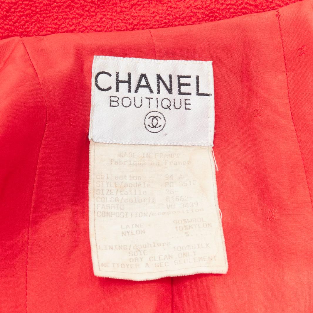 CHANEL 94A Vintage Runway red wool tweed gold CC button jacket FR36 S For Sale 6