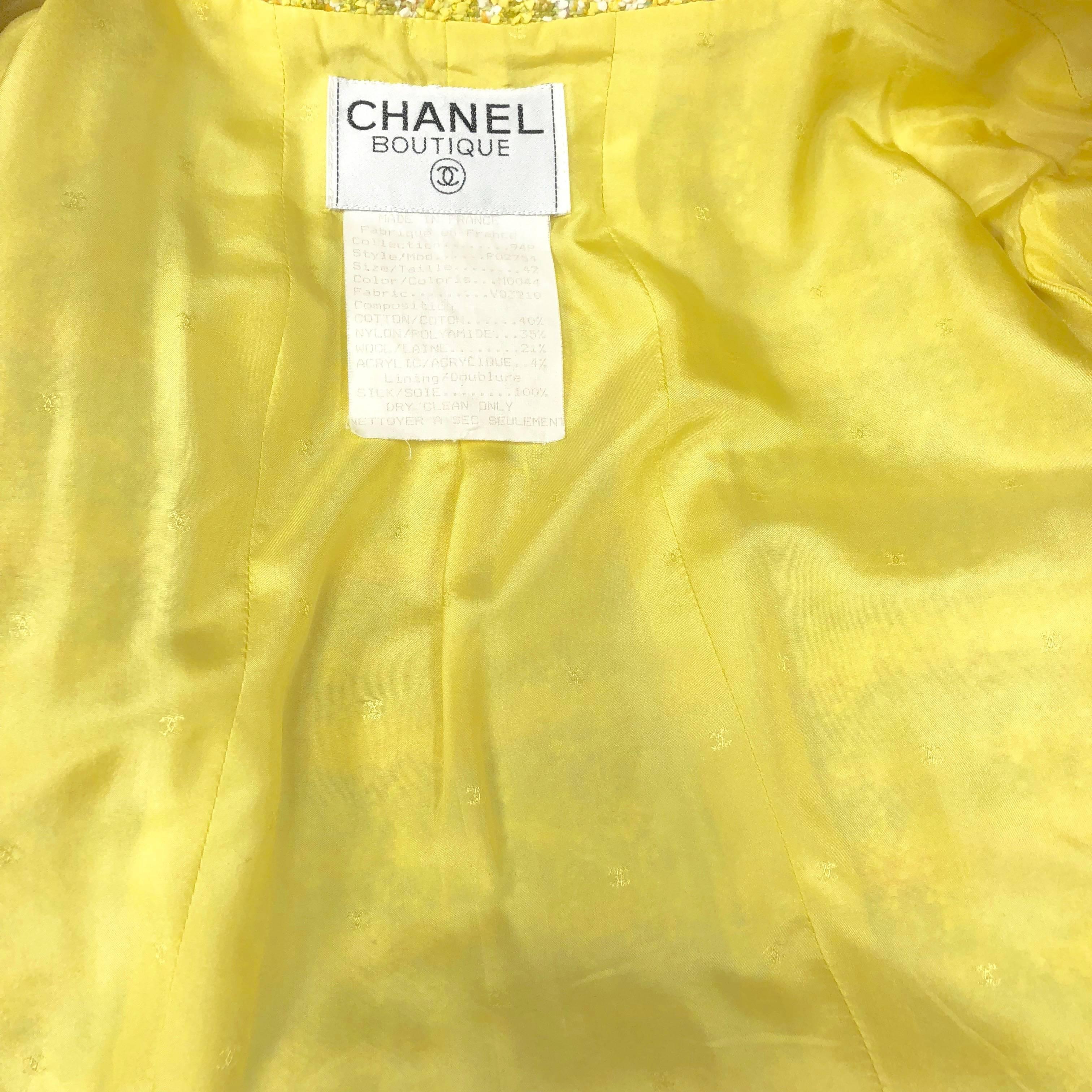 Chanel 94P Vintage Jacket Yellow Fantasy Tweed Gold CC Buttons  For Sale 4