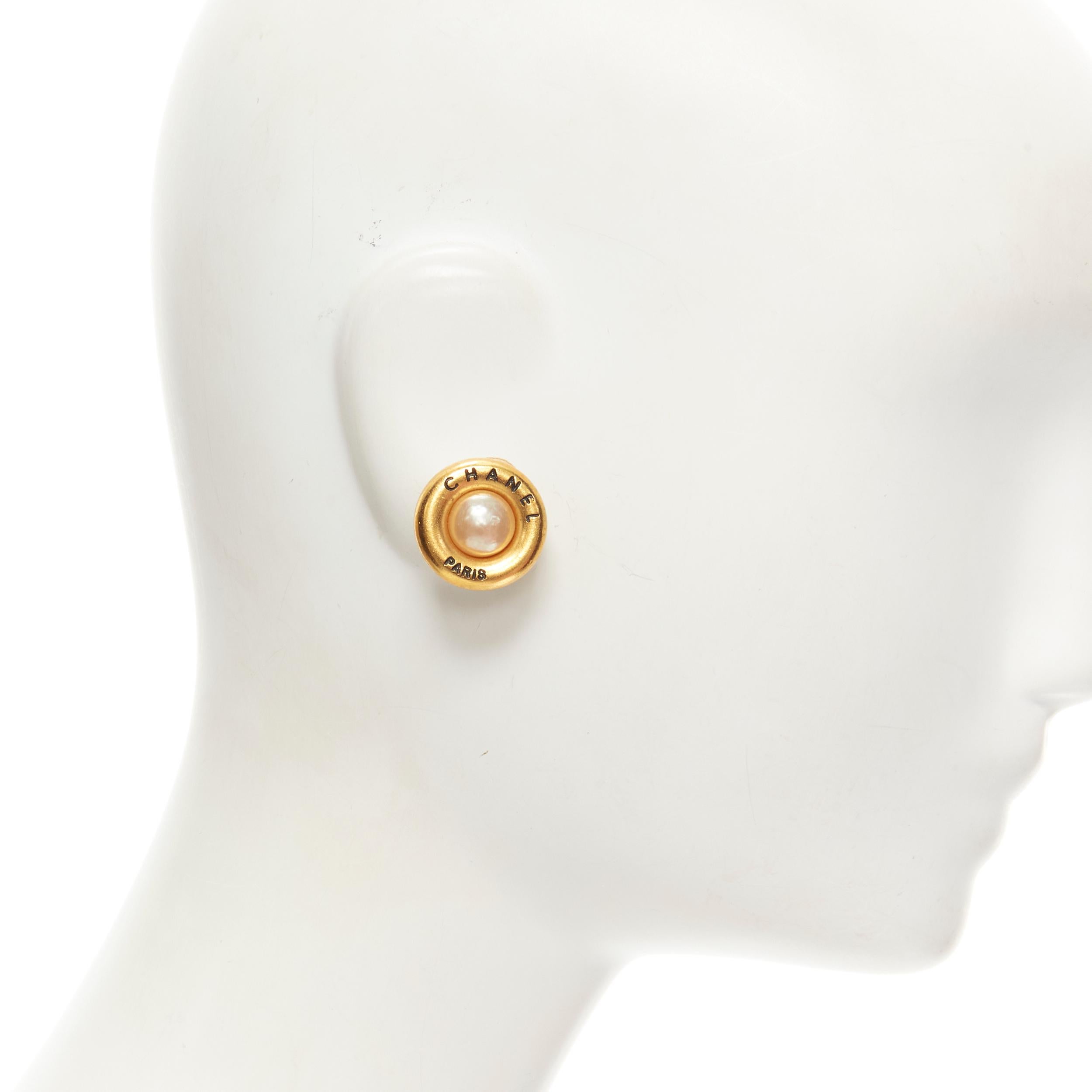 Gold CHANEL 94P Vintage logo signed gold metal faux pearl logo clip on earring