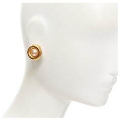 CHANEL 94P Vintage logo signed gold metal faux pearl logo clip on earring