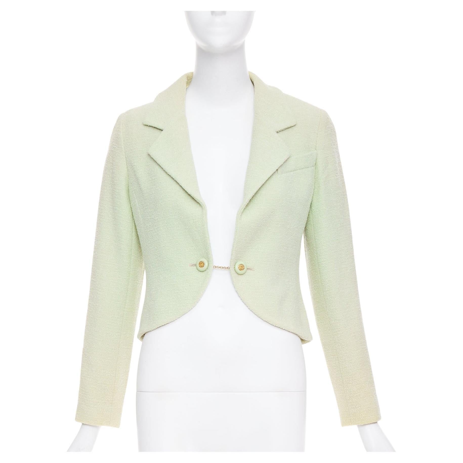 CHANEL 94P Vintage mint green boucle wool chain buttons cropped jacket FR42 XL