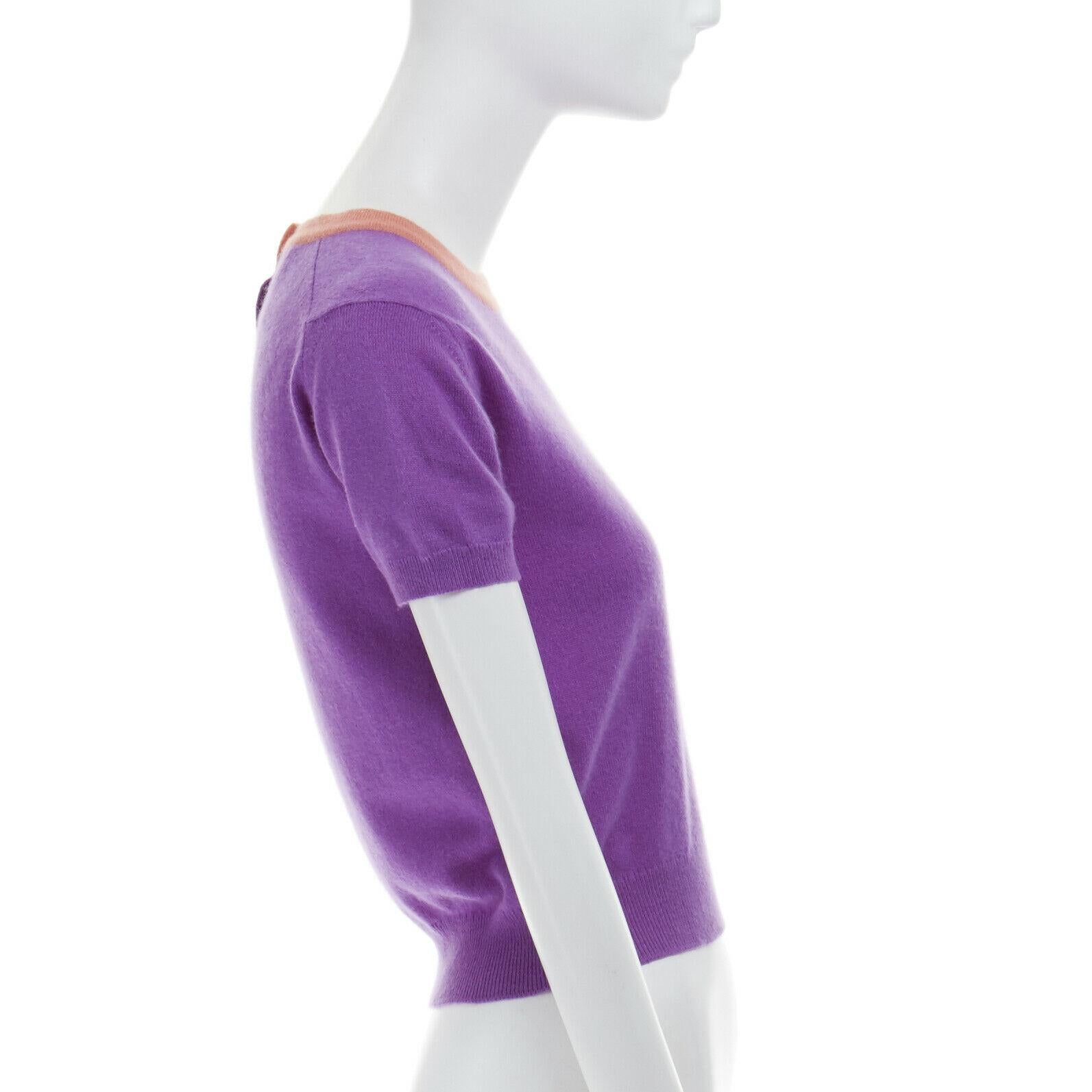 Purple CHANEL 95A 100% cashmere purple pink trimmed neckline short sleeve sweater FR38