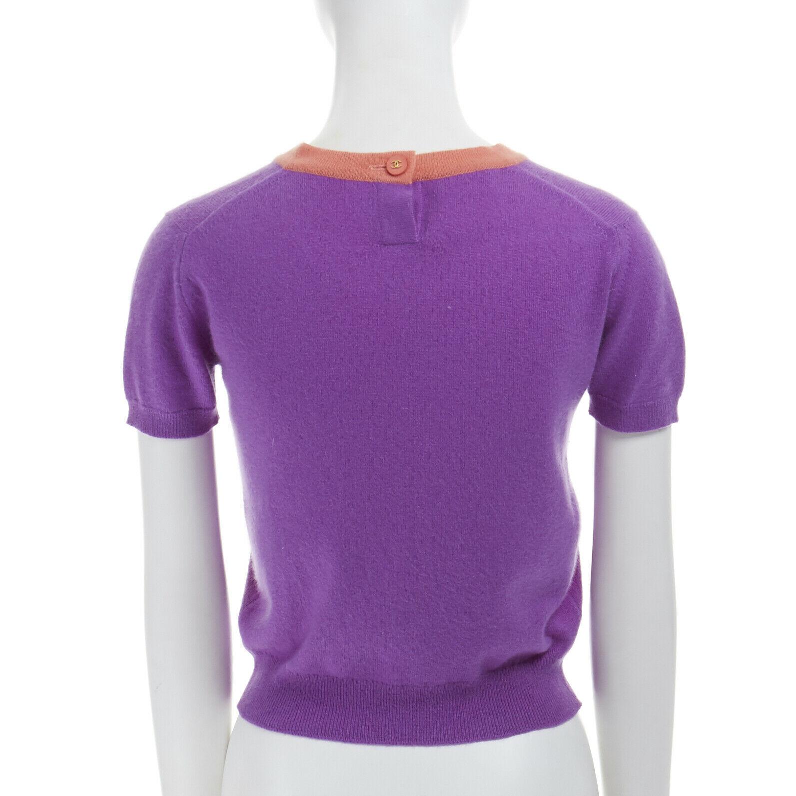CHANEL 95A 100% cashmere purple pink trimmed neckline short sleeve sweater FR38 In Fair Condition In Hong Kong, NT