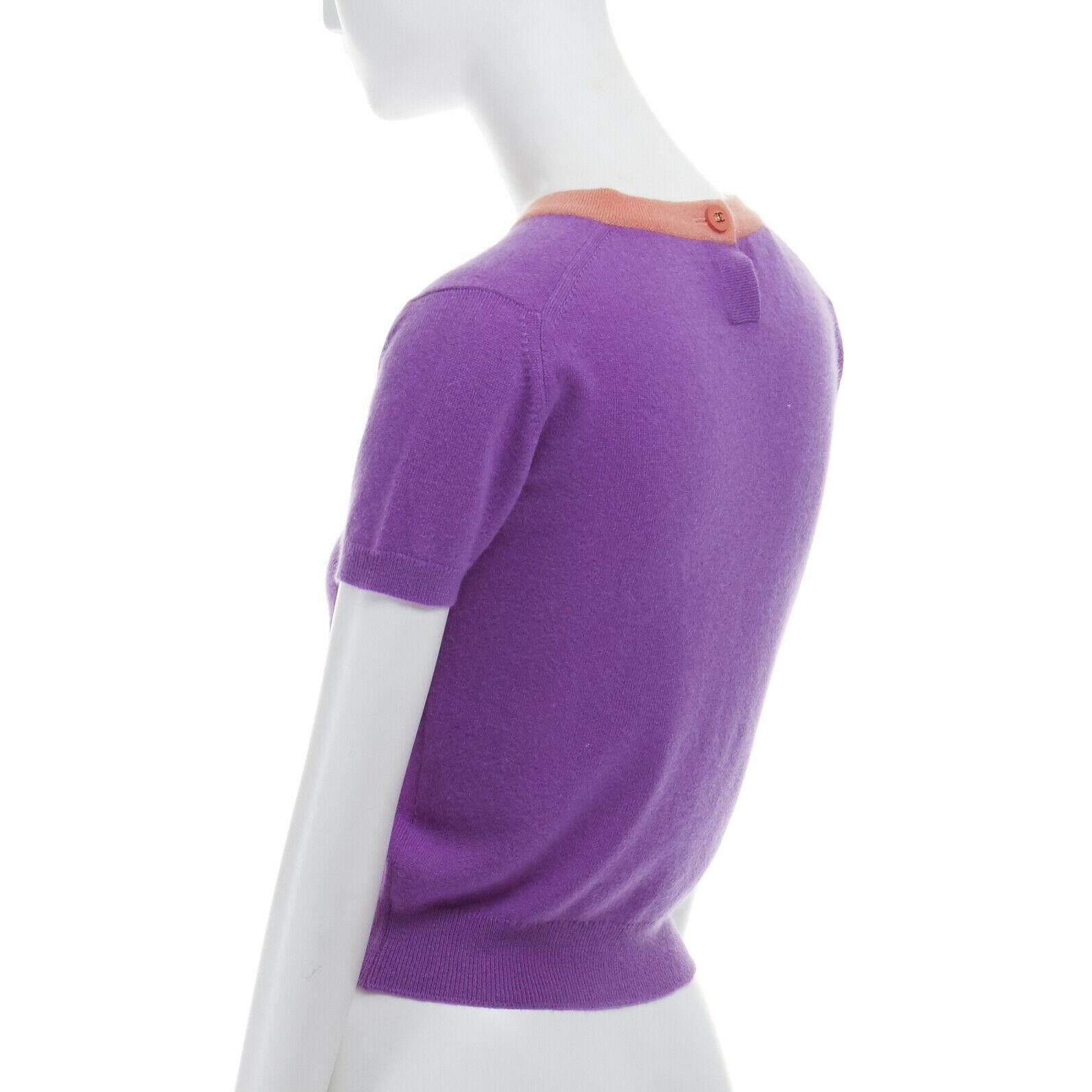Women's CHANEL 95A 100% cashmere purple pink trimmed neckline short sleeve sweater FR38
