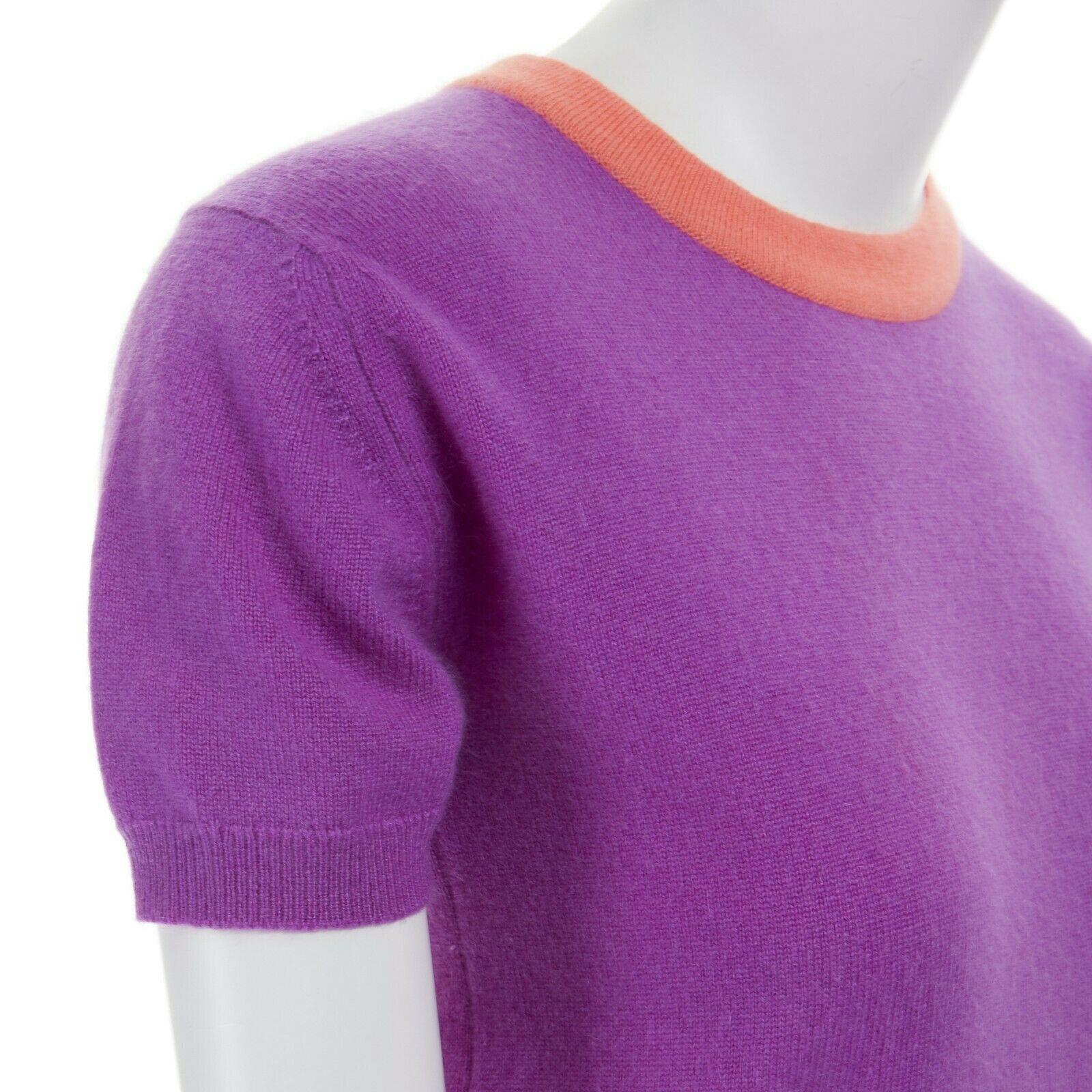 CHANEL 95A 100% cashmere purple pink trimmed neckline short sleeve sweater FR38 2