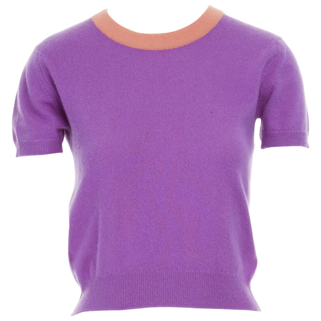 CHANEL 95A 100% cashmere purple pink trimmed neckline short sleeve sweater FR38