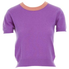 Vintage CHANEL 95A 100% cashmere purple pink trimmed neckline short sleeve sweater FR38