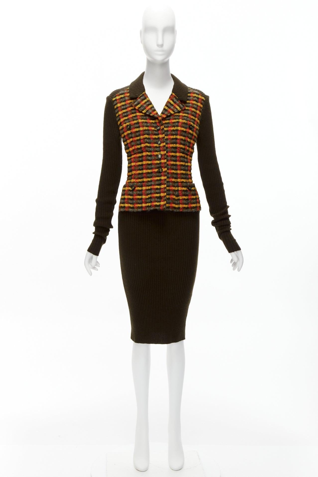 CHANEL 95A cashmere yellow checked tweed vest illusion layeribbed dress FR36 S For Sale 5