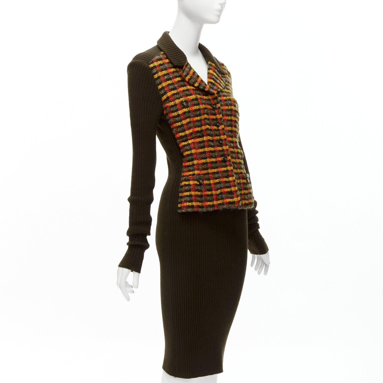 Black CHANEL 95A cashmere yellow checked tweed vest illusion layeribbed dress FR36 S For Sale
