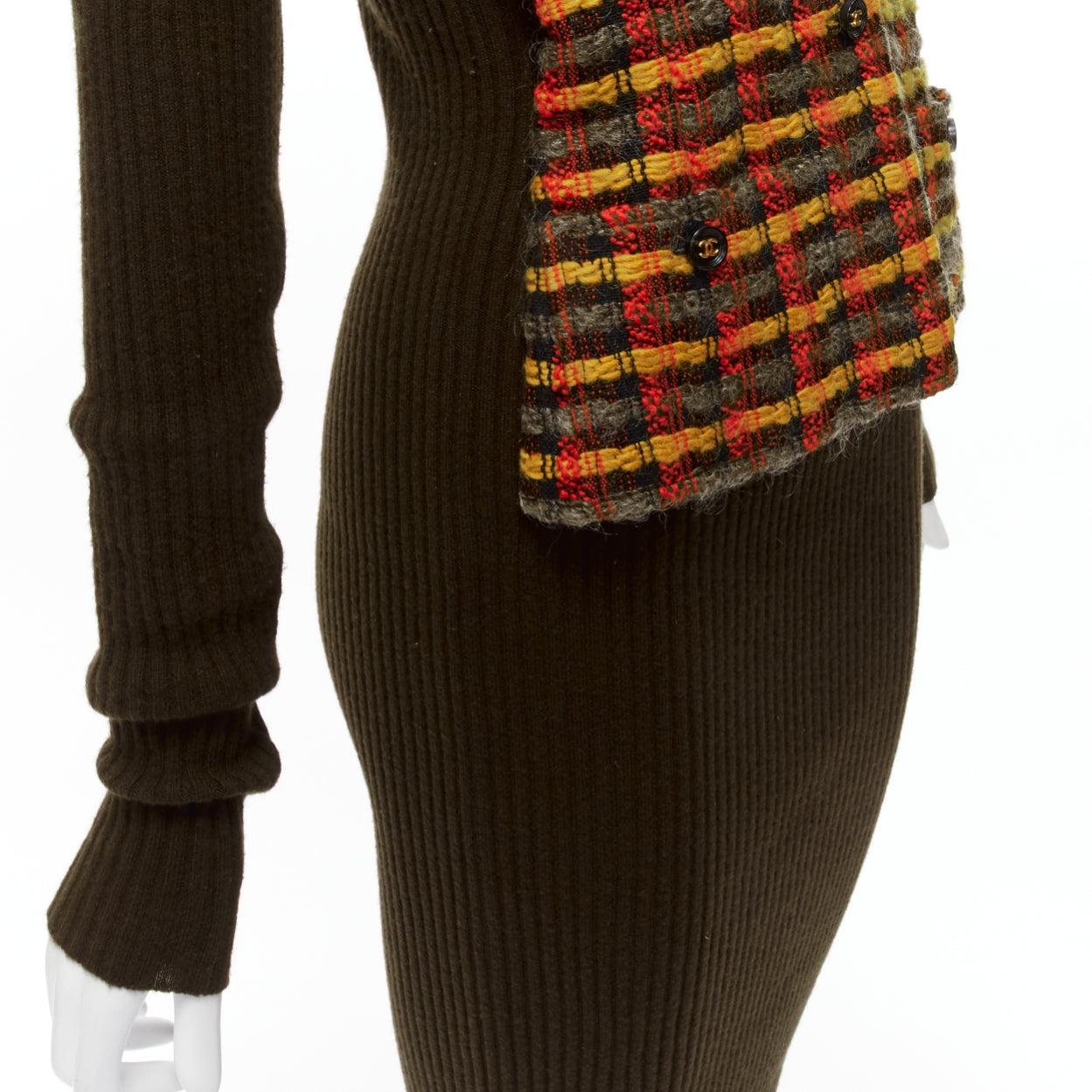 CHANEL 95A cashmere yellow checked tweed vest illusion layeribbed dress FR36 S For Sale 2