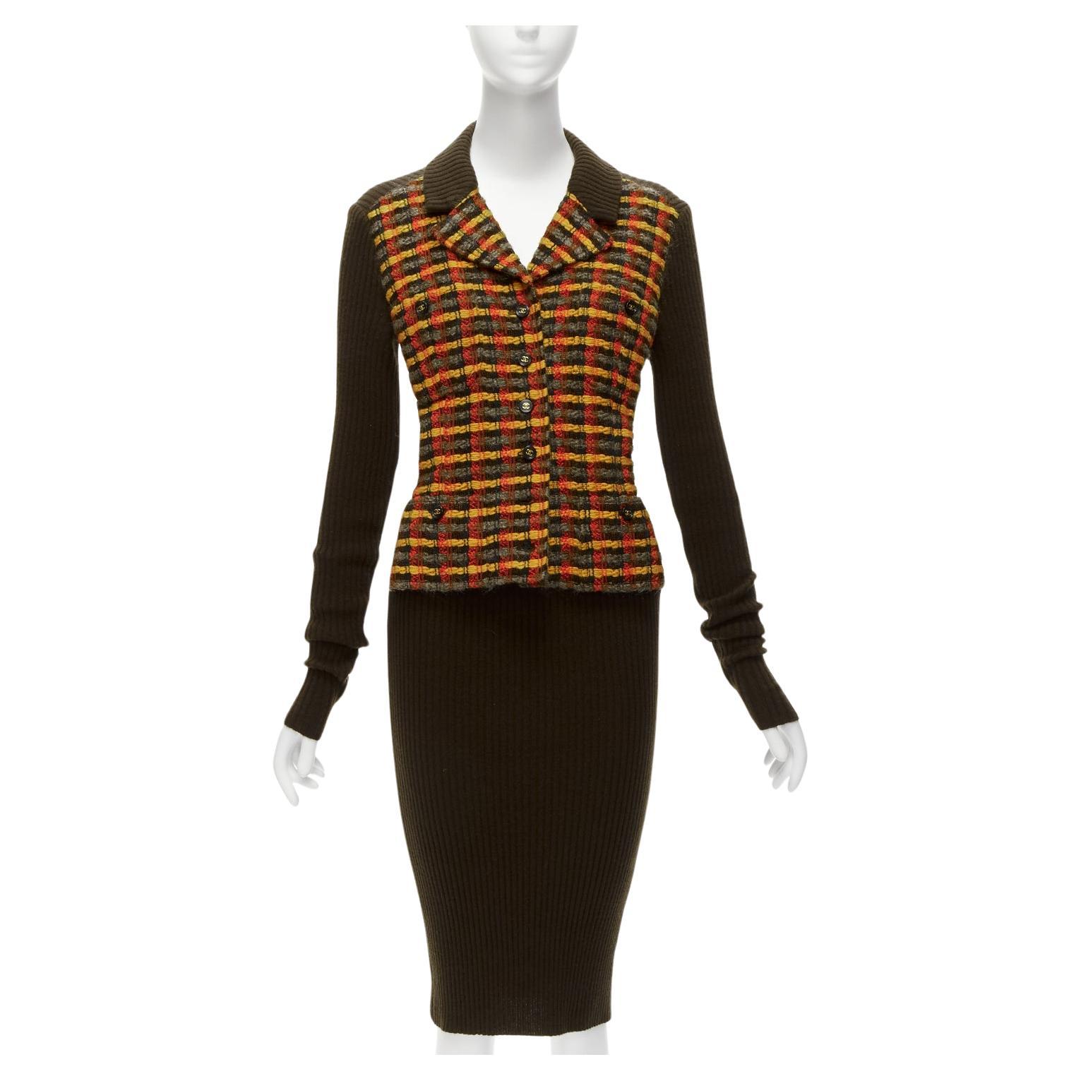 CHANEL 95A cashmere yellow checked tweed vest illusion layeribbed dress FR36 S For Sale