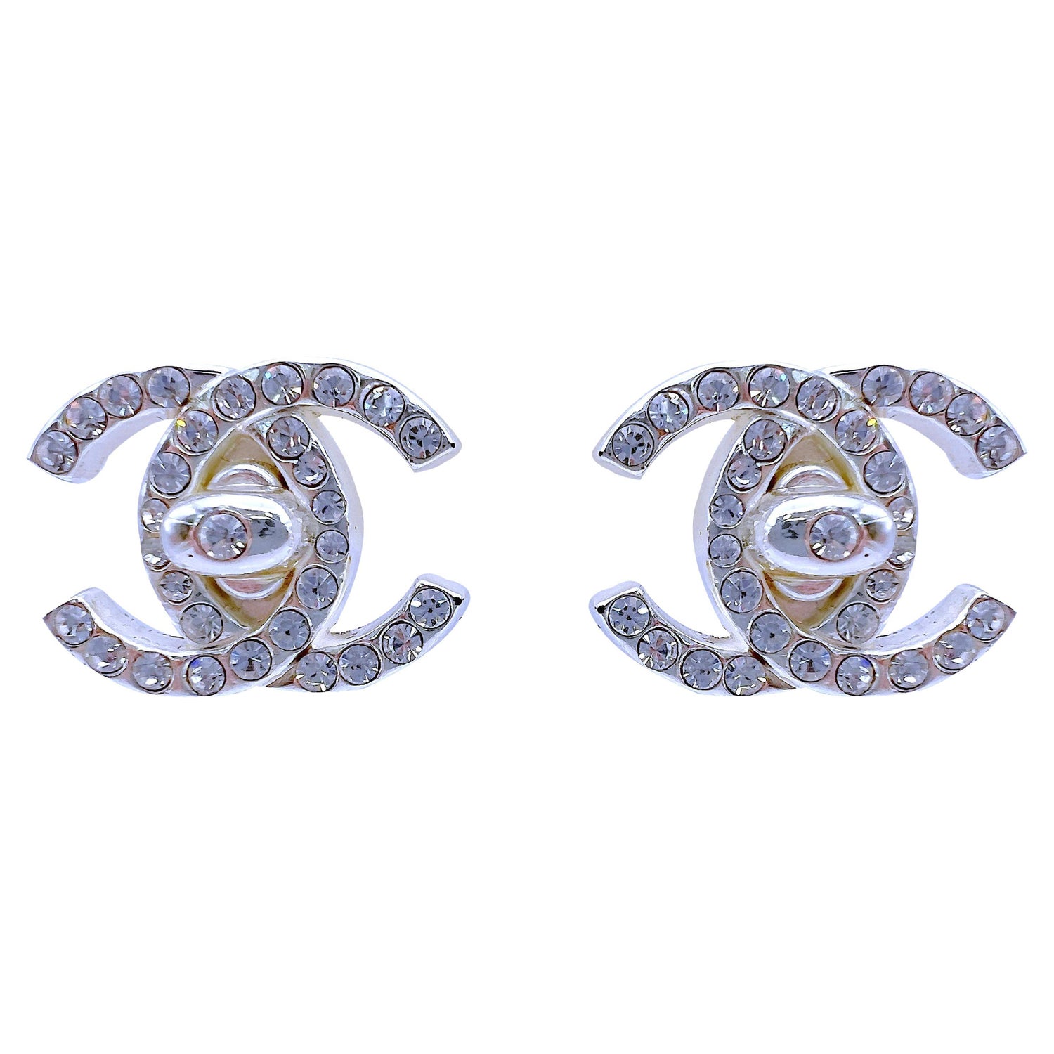 Chanel Classic Silver CC Crystal Moscova Piercing Earrings at