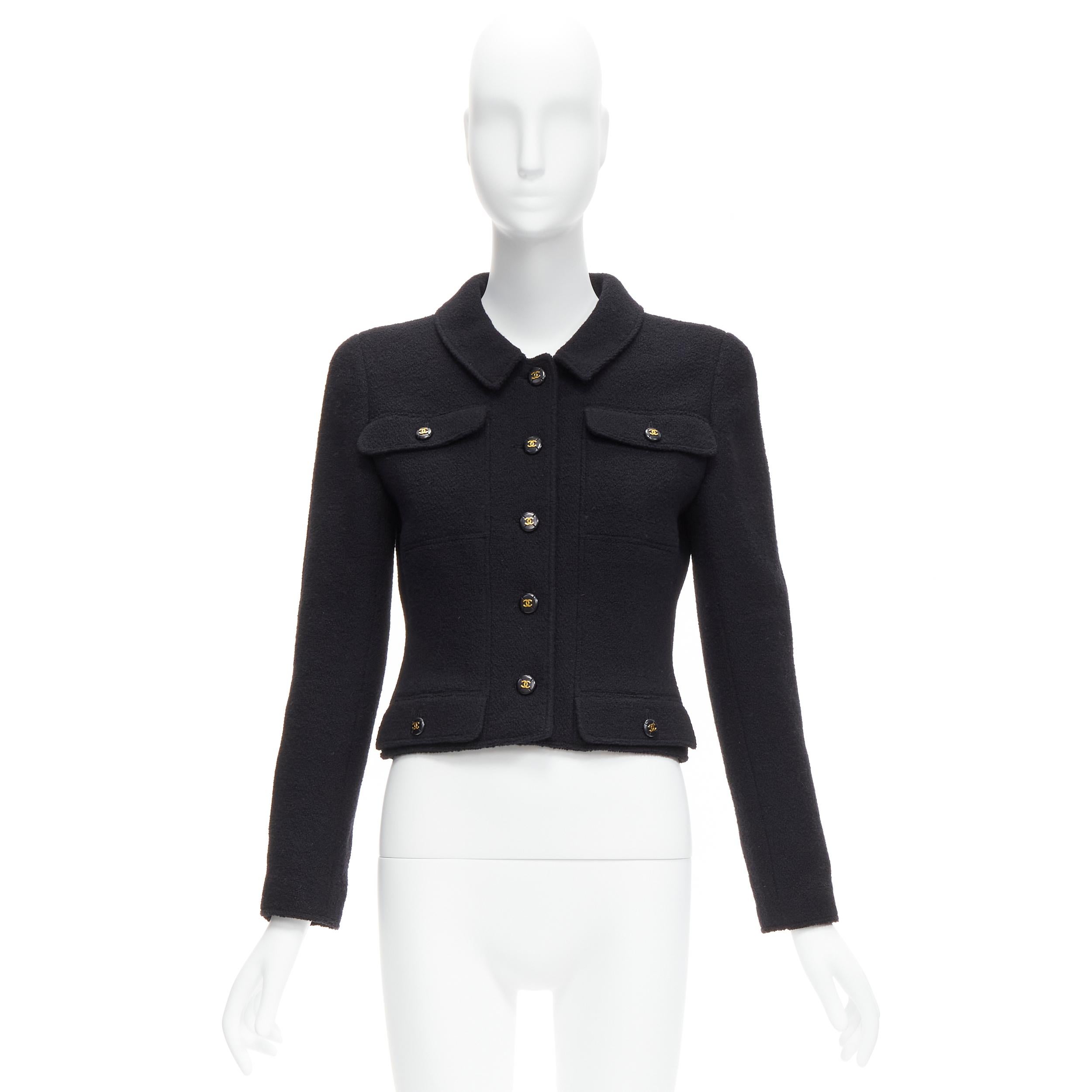 CHANEL 95P black wool crepe gold CC button 4 pocket cropped jacket top 7