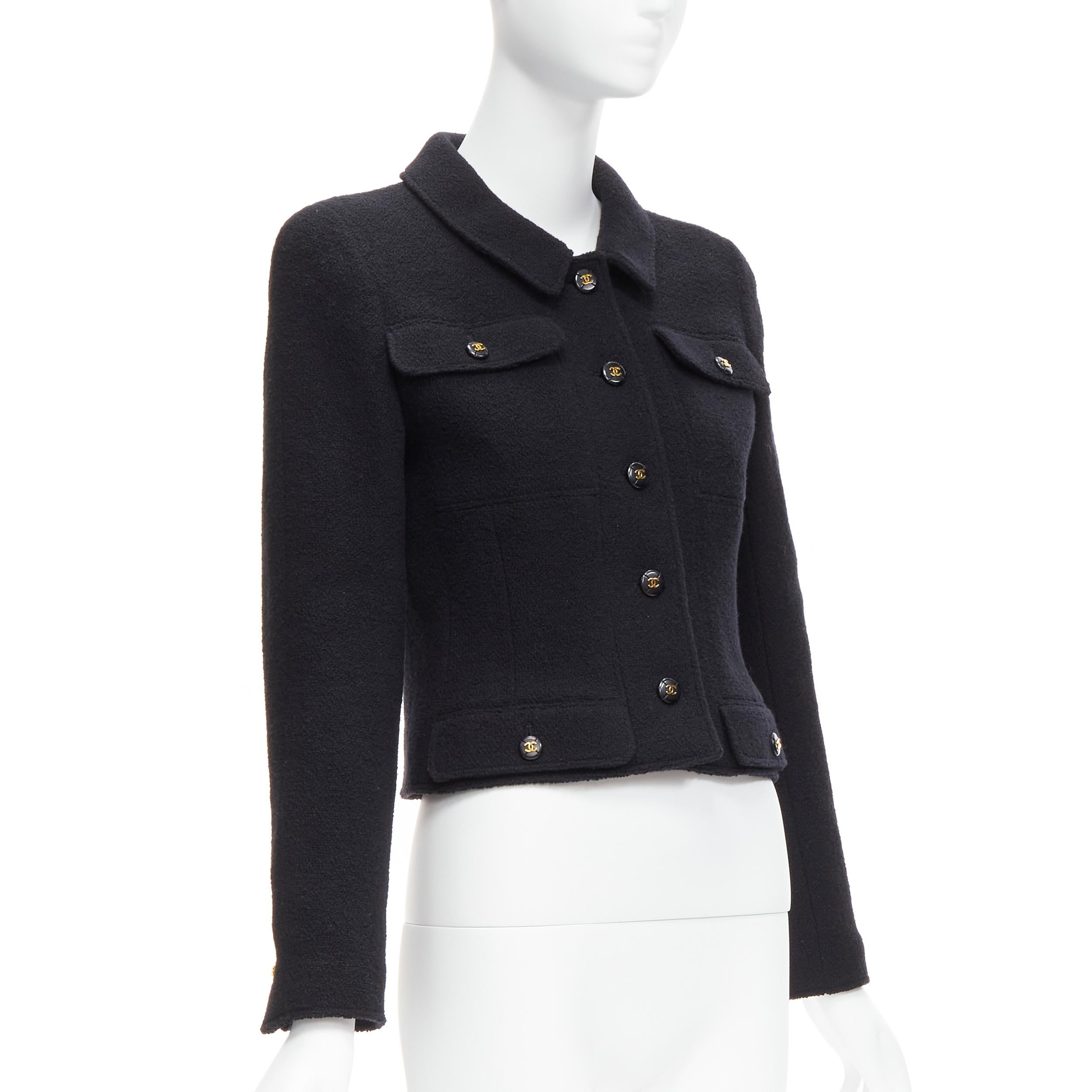 Women's CHANEL 95P black wool crepe gold CC button 4 pocket cropped jacket top