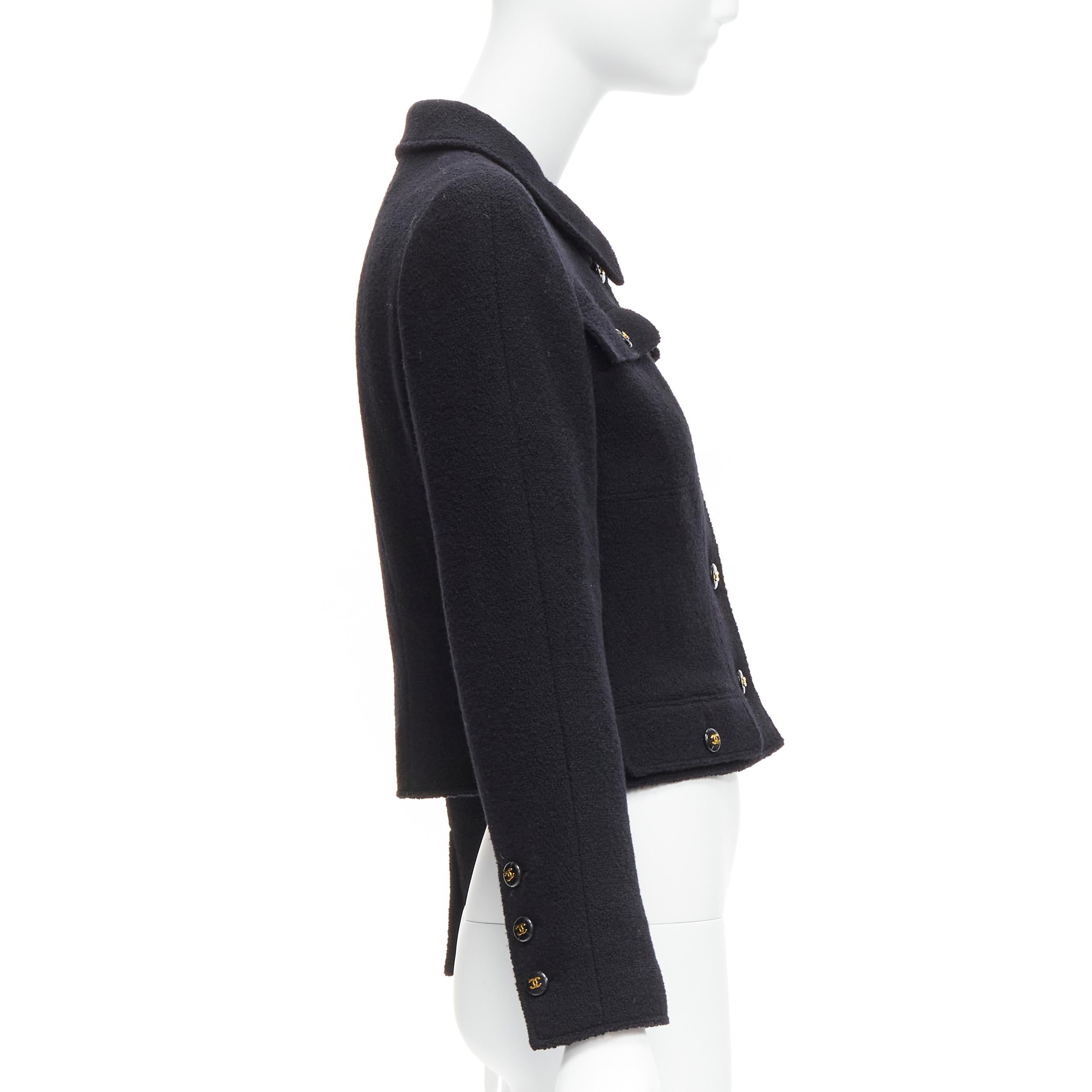 CHANEL 95P black wool crepe gold CC button 4 pocket cropped jacket top 1