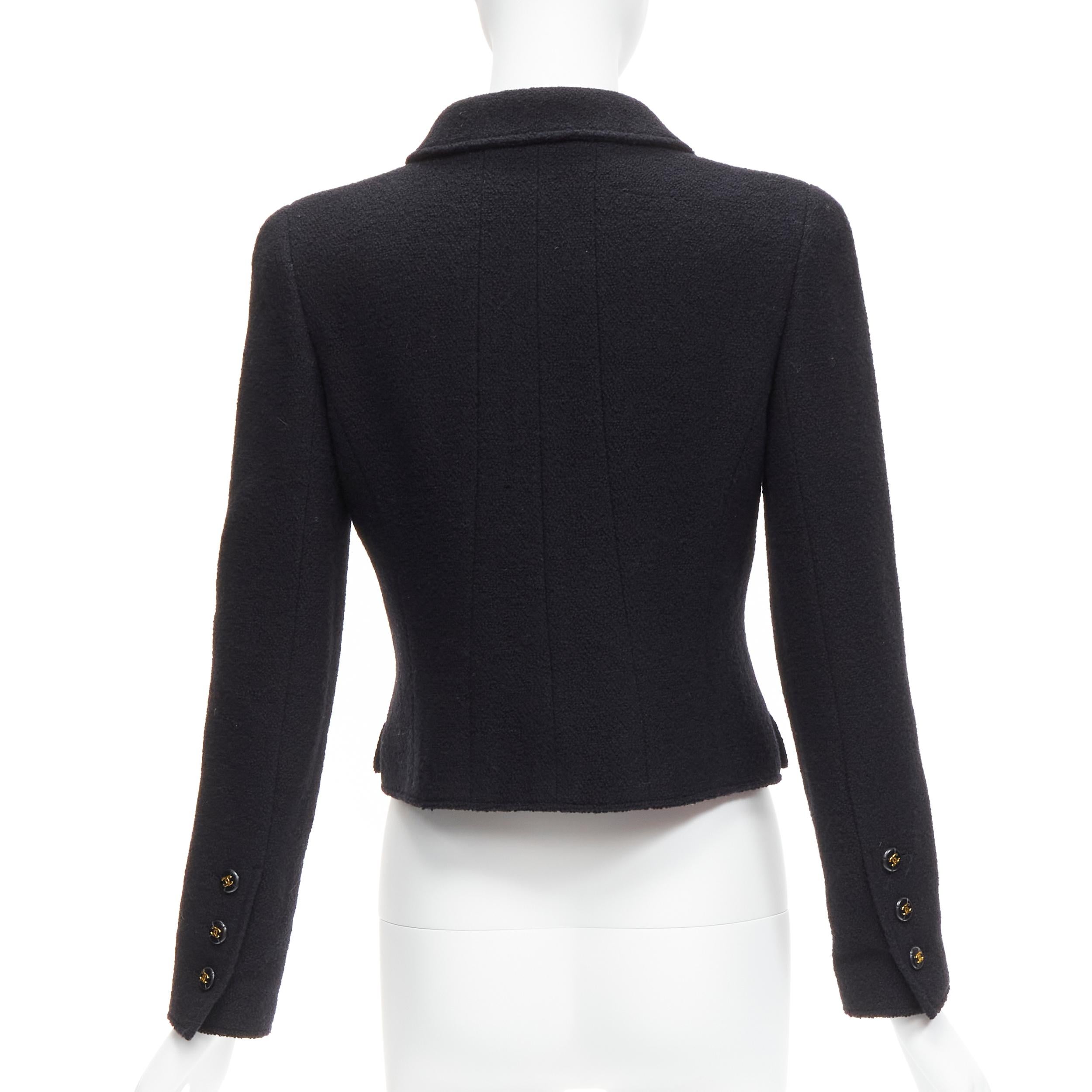 CHANEL 95P black wool crepe gold CC button 4 pocket cropped jacket top 2