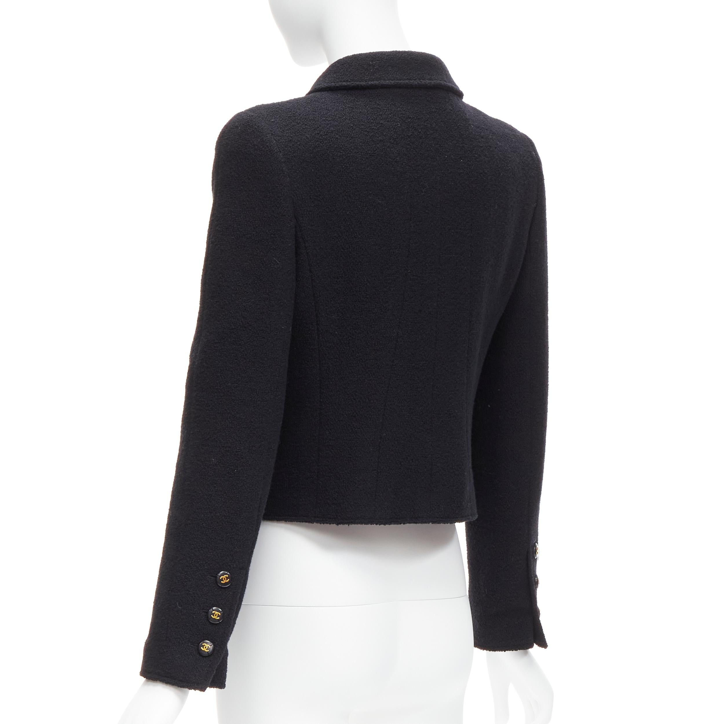 CHANEL 95P black wool crepe gold CC button 4 pocket cropped jacket top 3